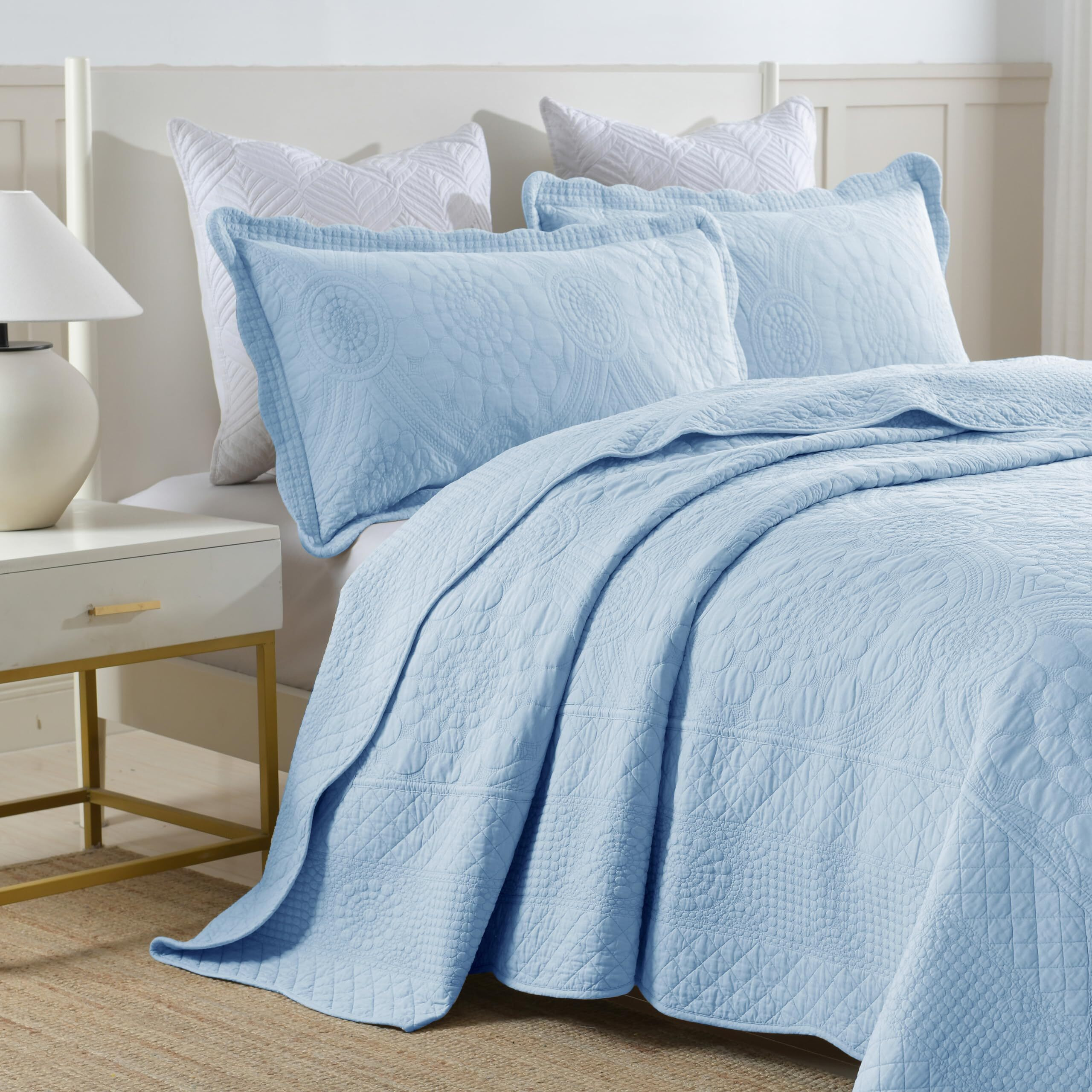 Marcielo 3-Piece 100% Cotton Oversized Bedspread Quilt Set Coverlet Set Farmhouse Bedding Set Tf, Light Blue, King