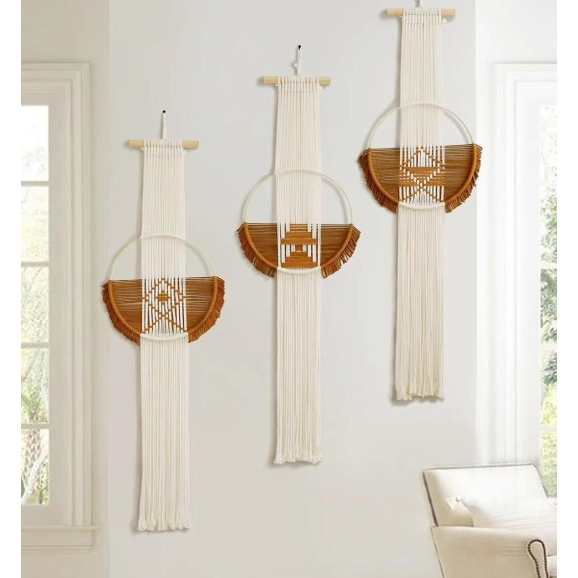 Macrame Wall Hanging Boho Wall Decor 3Pcs Brown Fiber Wall Art Handmade Home Room D  Cor