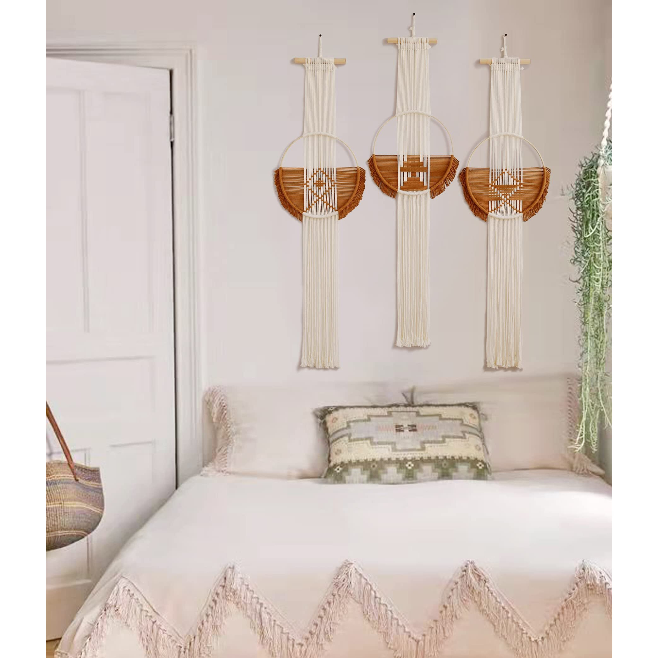 Macrame Wall Hanging Boho Wall Decor 3Pcs Brown Fiber Wall Art Handmade Home Room D  Cor