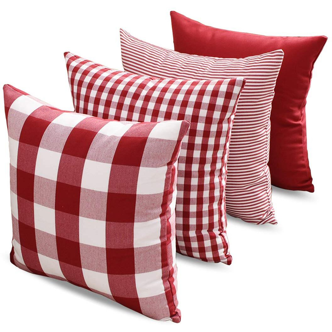 Carrie Home Red Plaid Decorative Throw Pillow Covers 20X20 Set Of 4, Burgundy Red And White Christmas Couch Pillows 20 X 20, Red Buffalo Checkered Living Room Decor Pillows Also For Front Porch