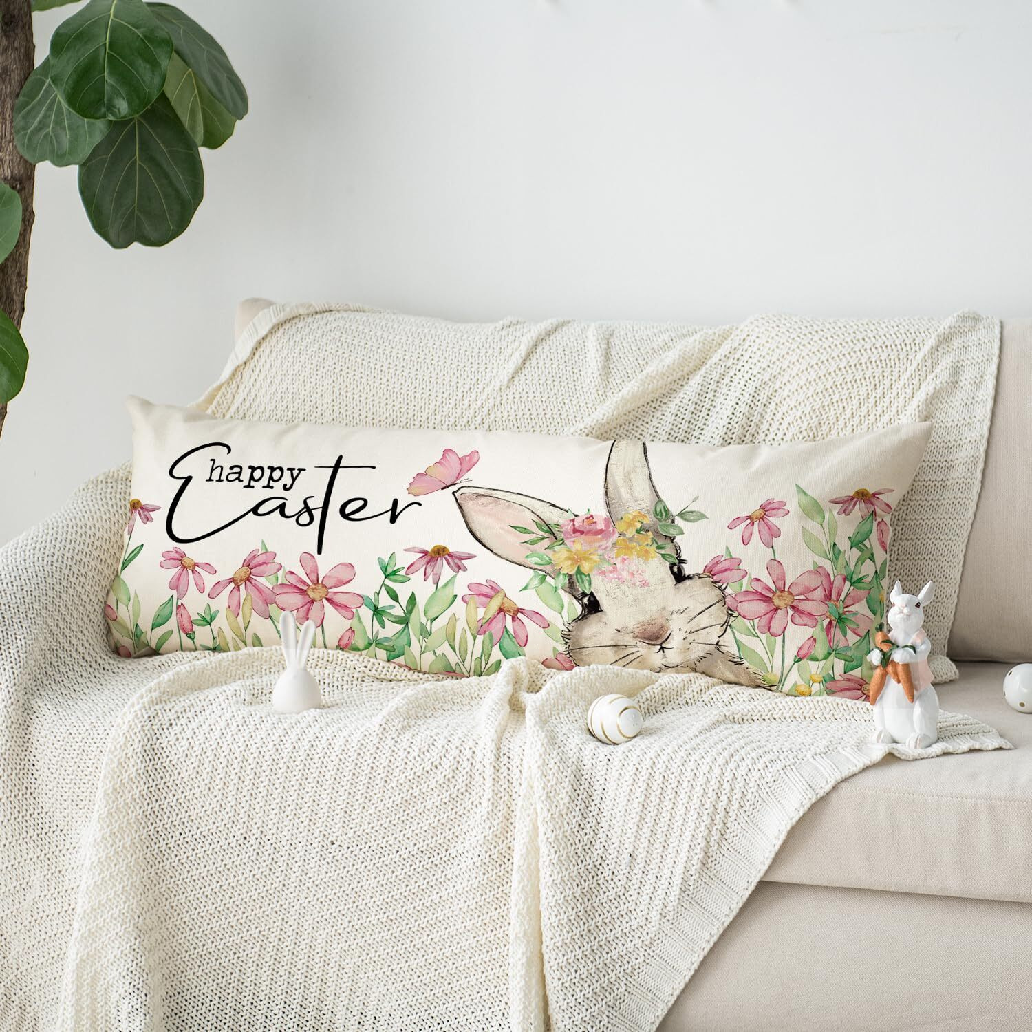 Avoin Colorlife Easter Floral Garland Bunny Long Lumbar Throw Pillow Cover, 14 X 36 Inch Spring Rabbit Long Body Pillow Case For Bed Sofa Bench