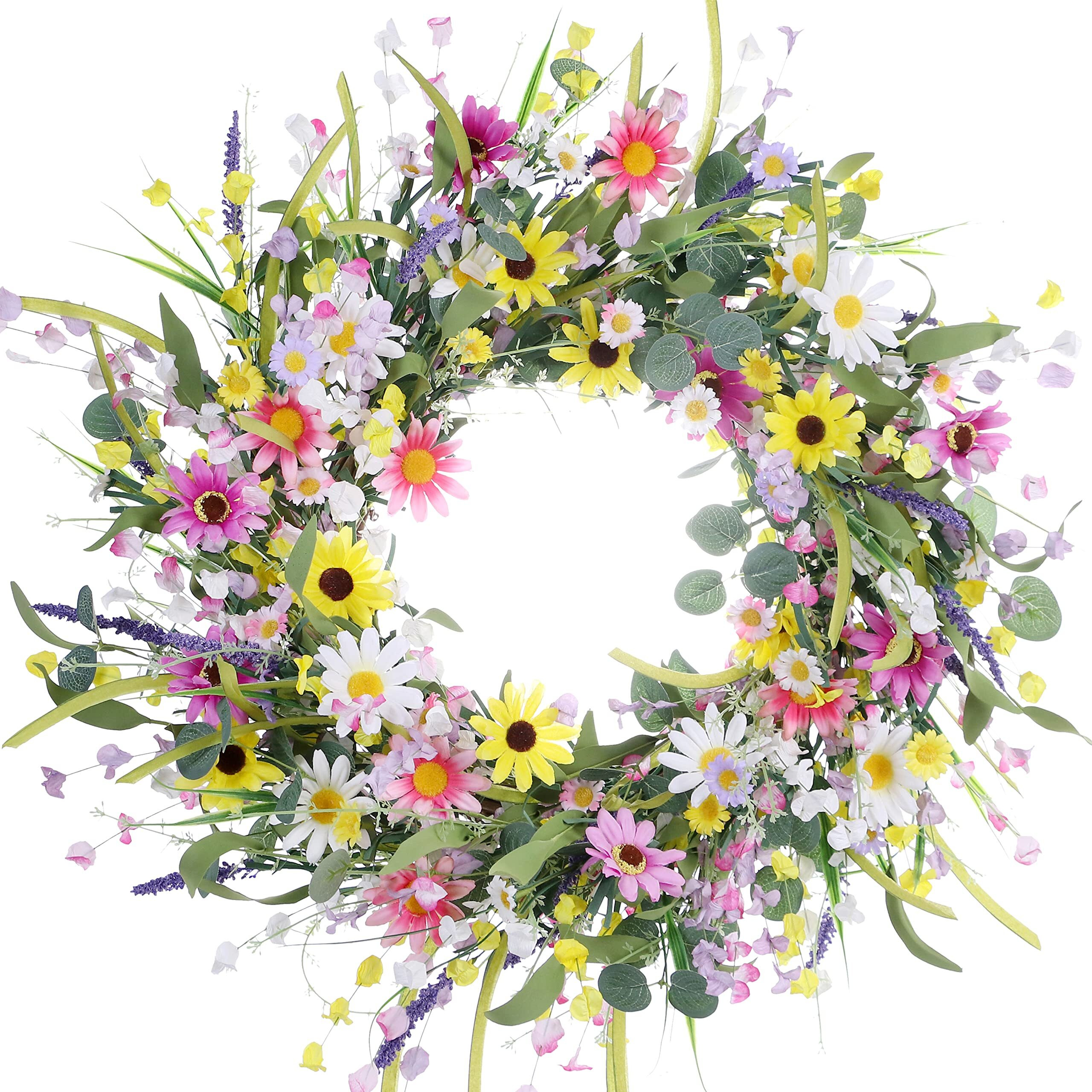 Yawwind 22 Inches Spring Wreaths For Front Door Summer Door Wreath Summer Wreath With Colorful Daisy Lavender Wildflower Green Eucalyptus Leaves For Spring Summer Indoors Farmhouse Outdoor Decor