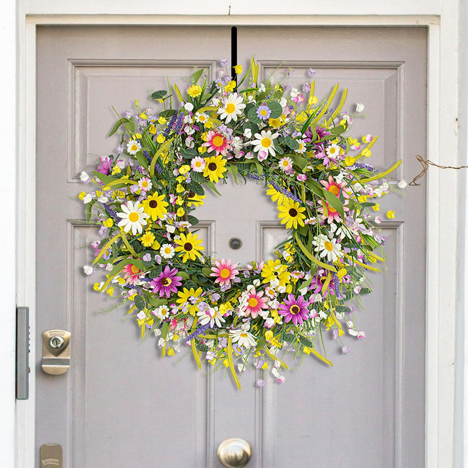 Yawwind 22 Inches Spring Wreaths For Front Door Summer Door Wreath Summer Wreath With Colorful Daisy Lavender Wildflower Green Eucalyptus Leaves For Spring Summer Indoors Farmhouse Outdoor Decor