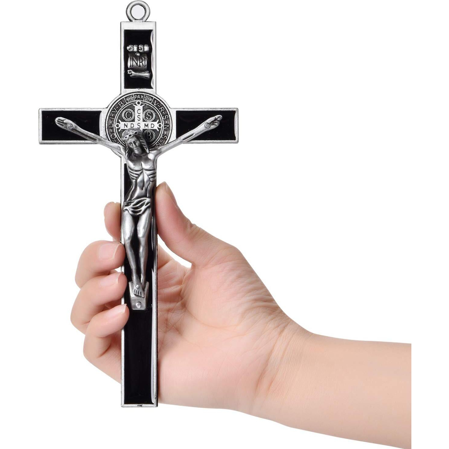 Wellcho Black Enamel Crucifix Wall Cross -Saint Benedict Metal Wall Art-7 Inch Cross Give Blessing And The Spiritual SacredFaith Gift For Your Acquaintances