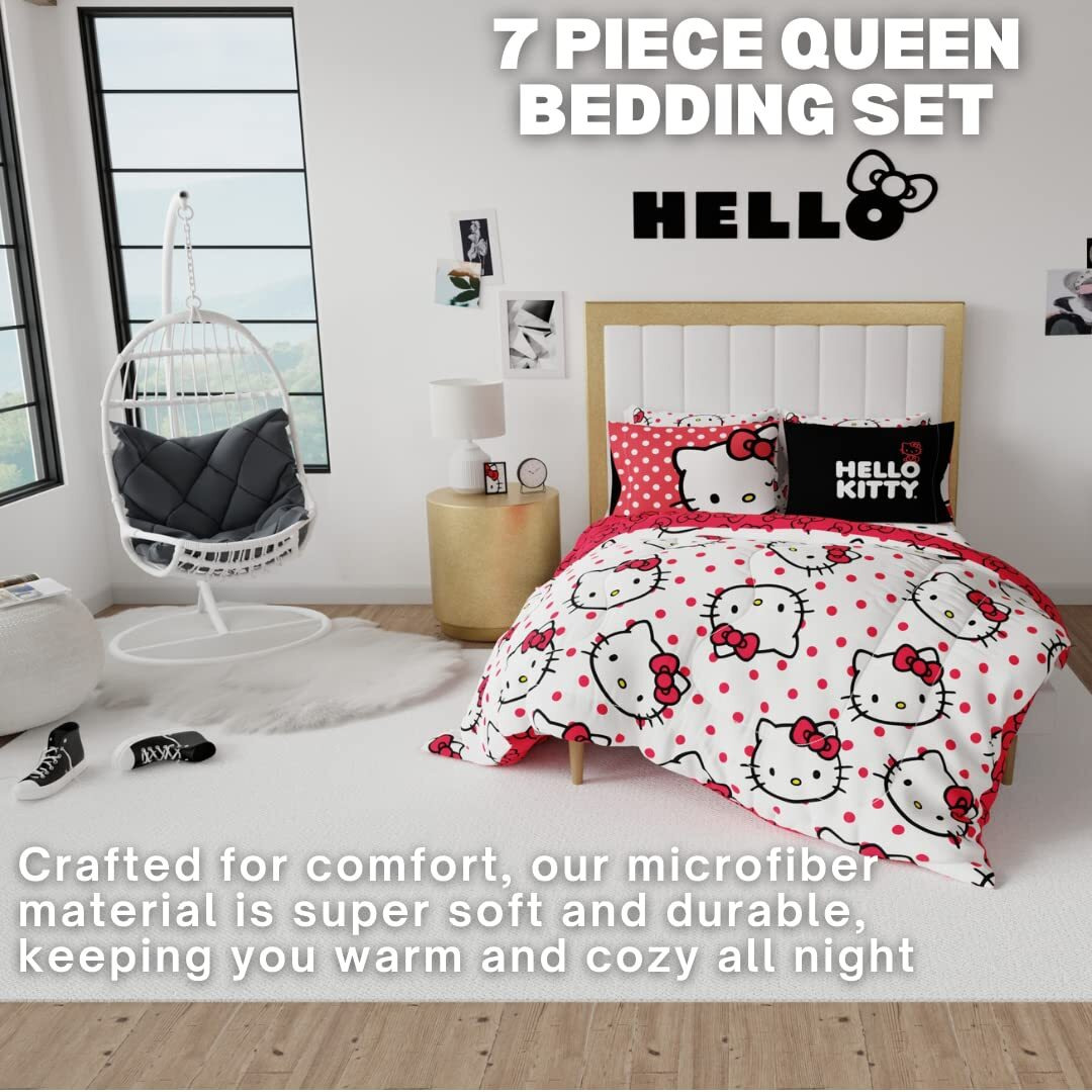Franco Sanrio Hello Kitty Polka Dot Bedding 7 Piece Super Soft Comforter And Sheet Set With Sham, Queen, (100% Official Licensed Product) Collectibles