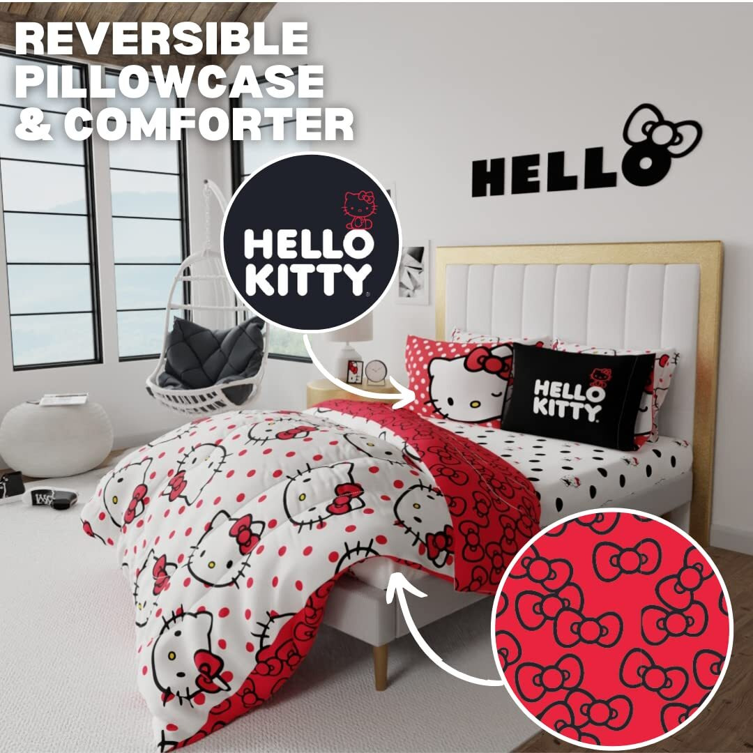 Franco Sanrio Hello Kitty Polka Dot Bedding 7 Piece Super Soft Comforter And Sheet Set With Sham, Queen, (100% Official Licensed Product) Collectibles