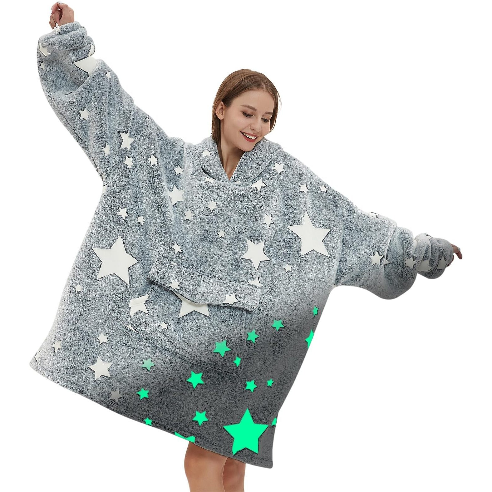 Glow In The Dark Wearable Blanket Hoodie For Adult,Oversized Sherpa Fleece Blanket Hoodie For Women Men,Wearable Blanket Hoodie Birthday Gifts,Luminous Stars