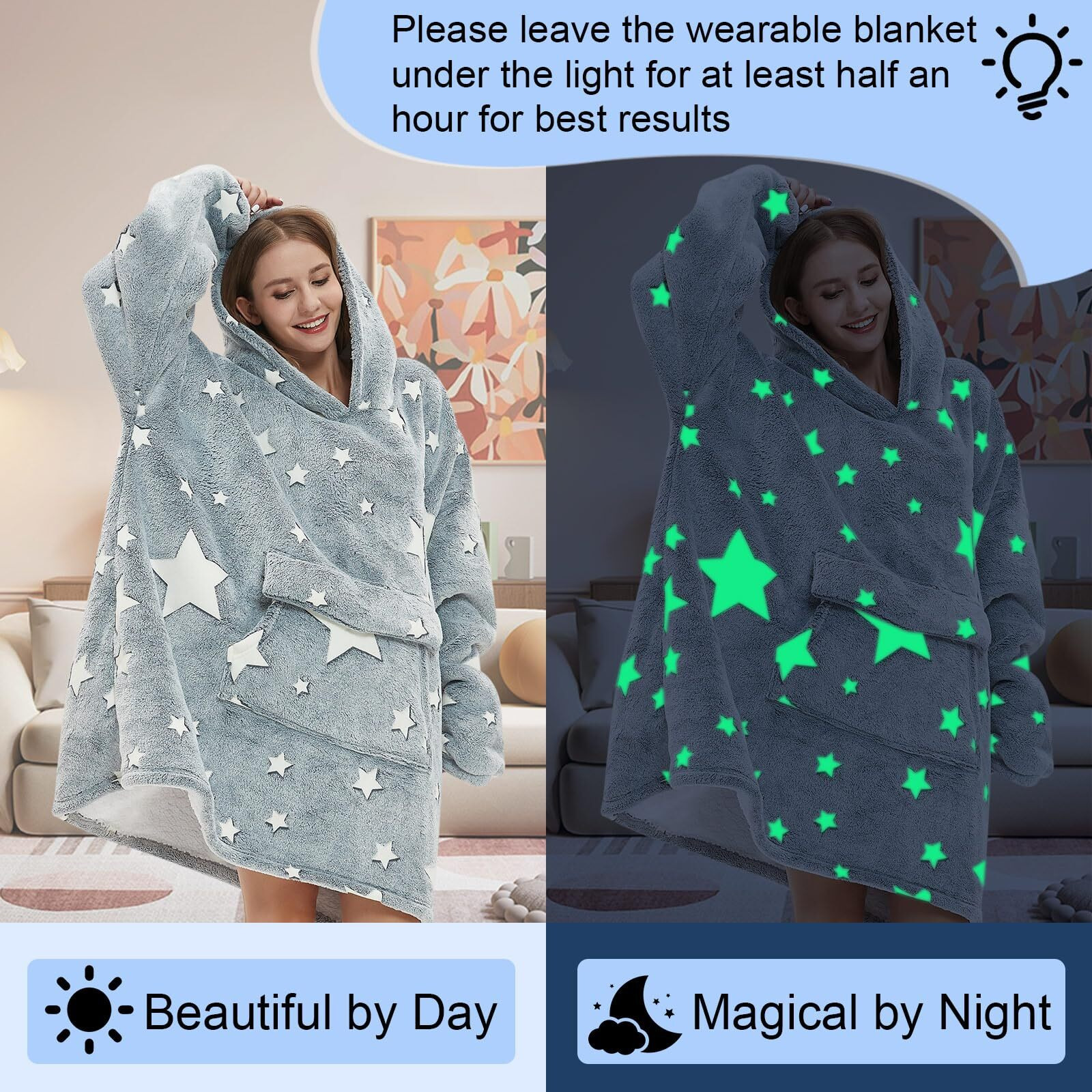 Glow In The Dark Wearable Blanket Hoodie For Adult,Oversized Sherpa Fleece Blanket Hoodie For Women Men,Wearable Blanket Hoodie Birthday Gifts,Luminous Stars