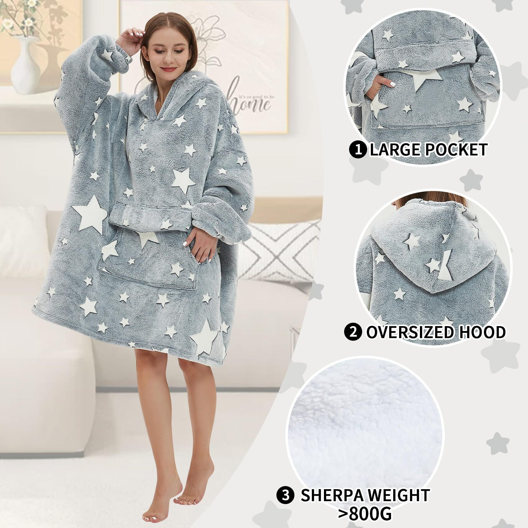 Glow In The Dark Wearable Blanket Hoodie For Adult,Oversized Sherpa Fleece Blanket Hoodie For Women Men,Wearable Blanket Hoodie Birthday Gifts,Luminous Stars