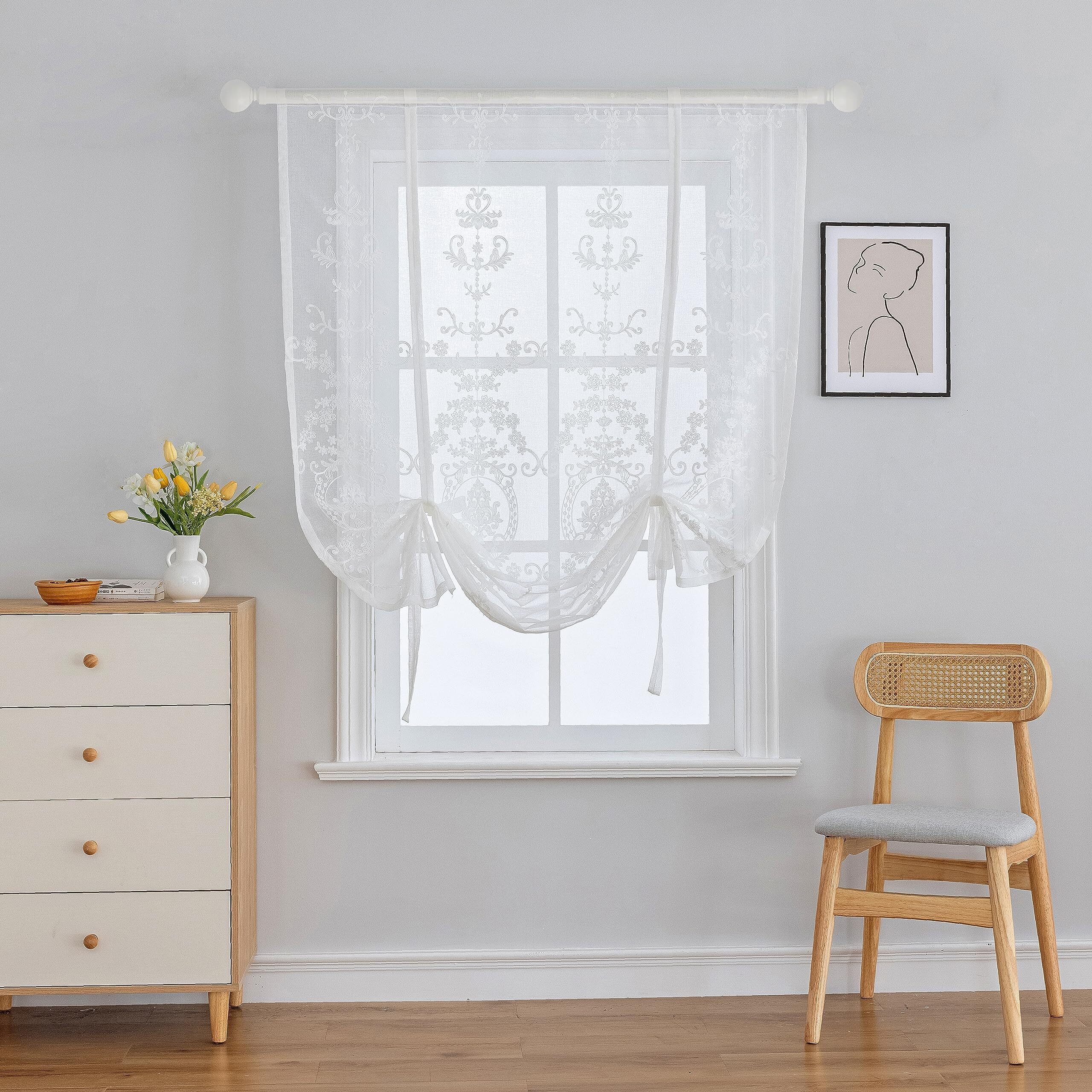 Homeyho Tie Up Curtains Living Room Tie Up Curtains For Kitchen Windows Curtains Sheer Floral Tie Up Curtains Floral Balloon Curtains For Bedroom Embroidered Curtains For Bedroom, 47 X 47 Inch