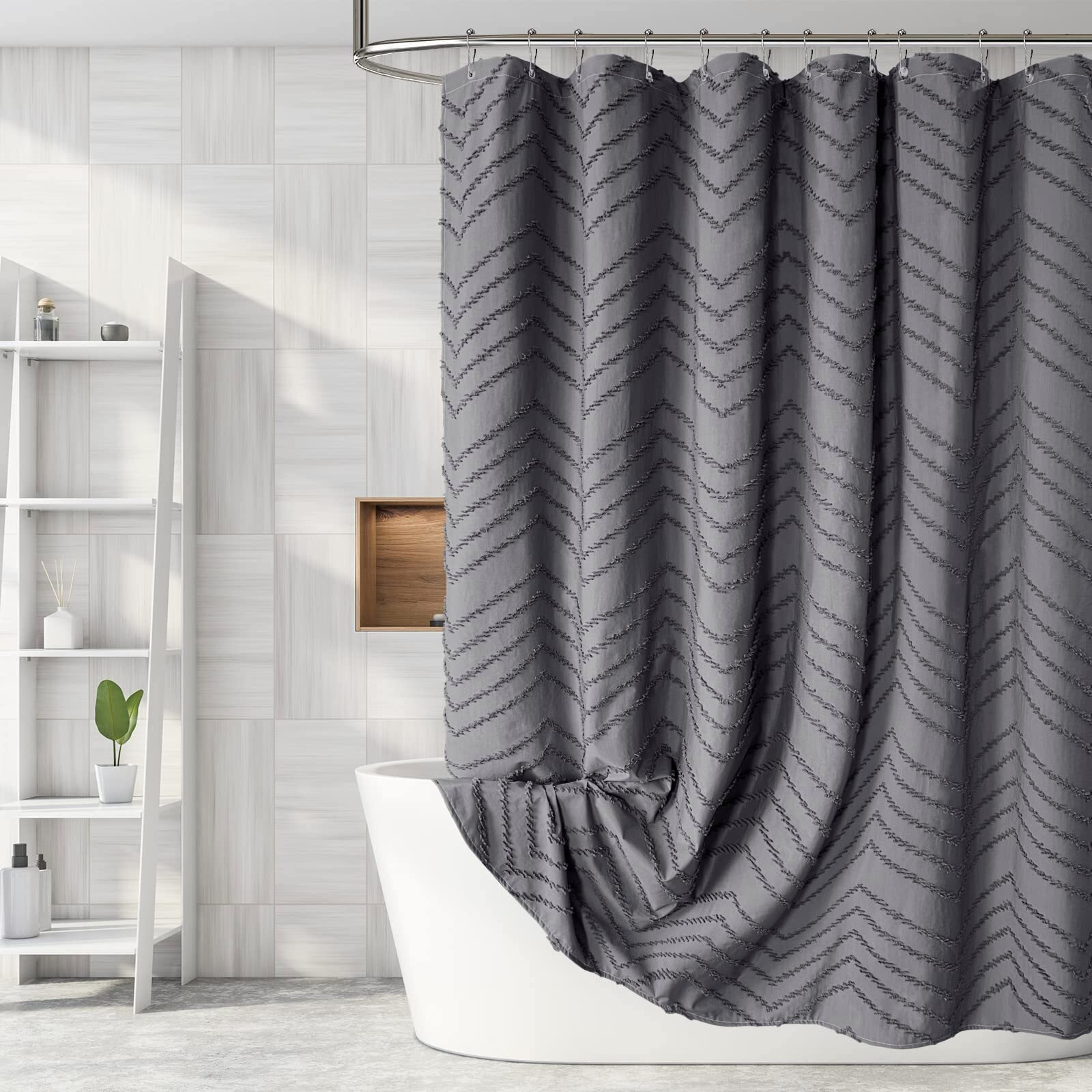 Extra Long Grey Boho Shower Curtain 84 Inch Grey Tufted Chevron Striped Fabric Shower Curtains For Bathroom Modern Shabby Chic Waterproof Cloth Shower Curtain Set With Hooks, Grey