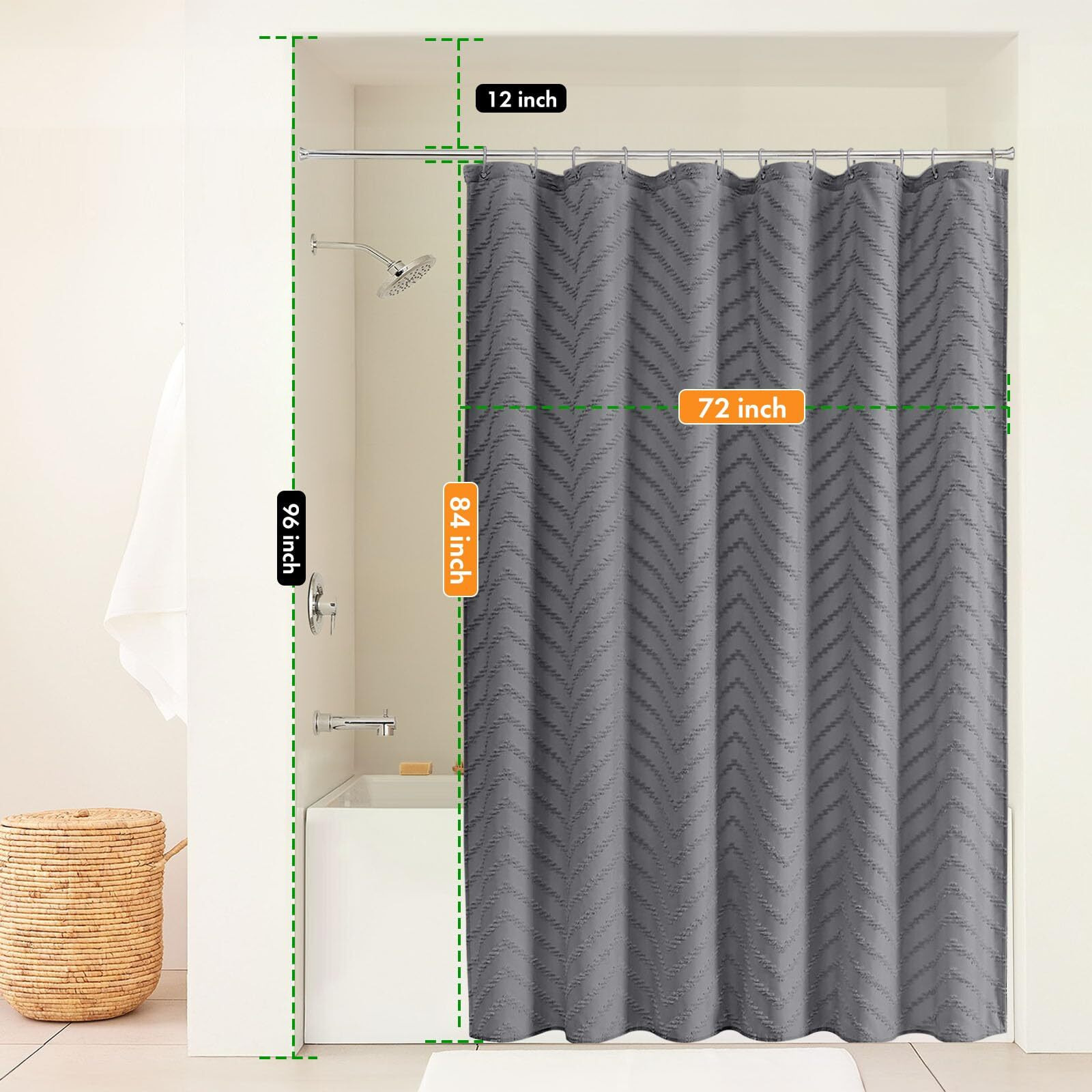 Extra Long Grey Boho Shower Curtain 84 Inch Grey Tufted Chevron Striped Fabric Shower Curtains For Bathroom Modern Shabby Chic Waterproof Cloth Shower Curtain Set With Hooks, Grey