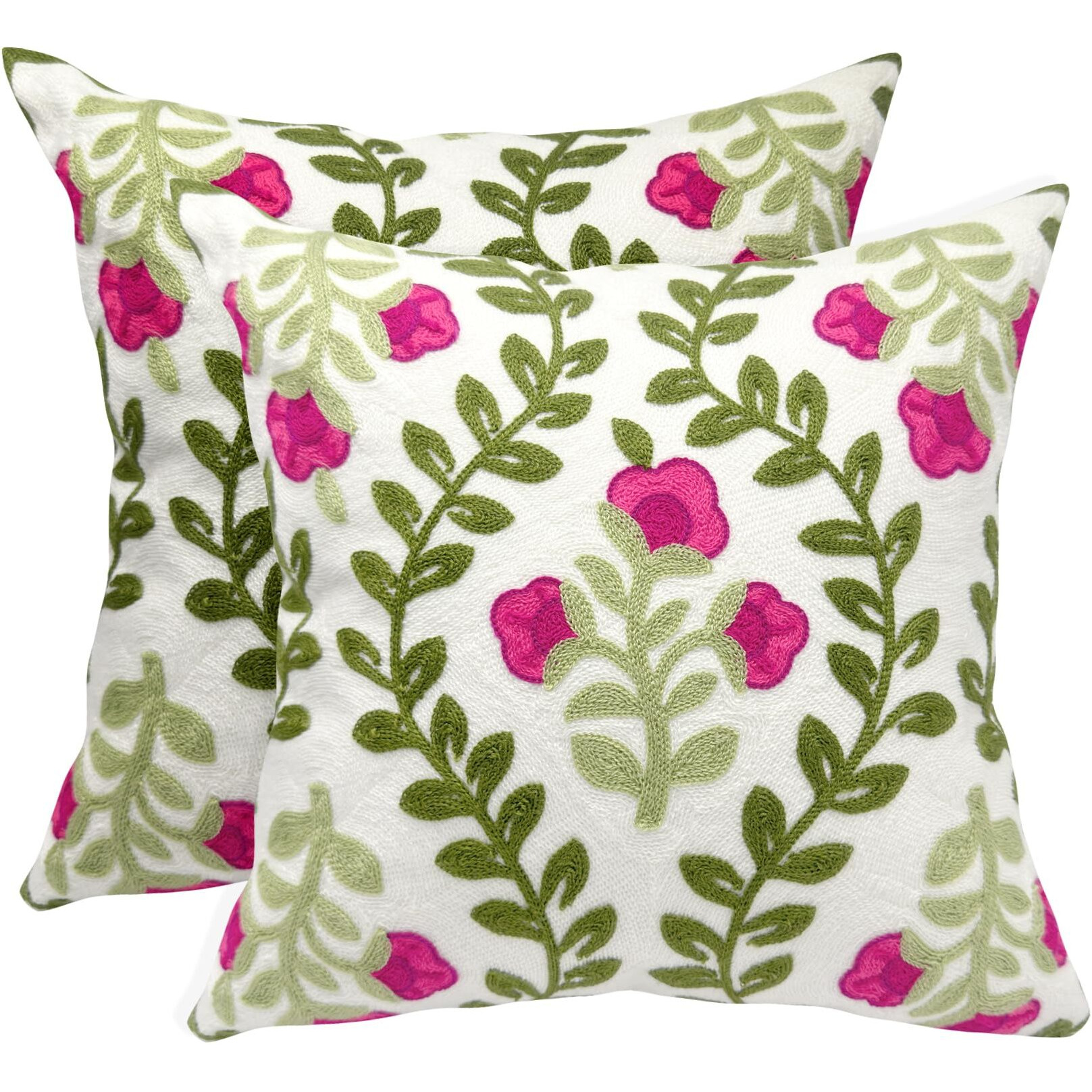 Alysheer Floral Embroidered Summer Decorative Throw Pillow Covers 18"&quotX 18"" Set Of 2, Farmhouse Cottage Hot Pink Flowers Green Leaves Patterned Cotton Canvas Cushion Case For Sofa Couch Bed Living Room