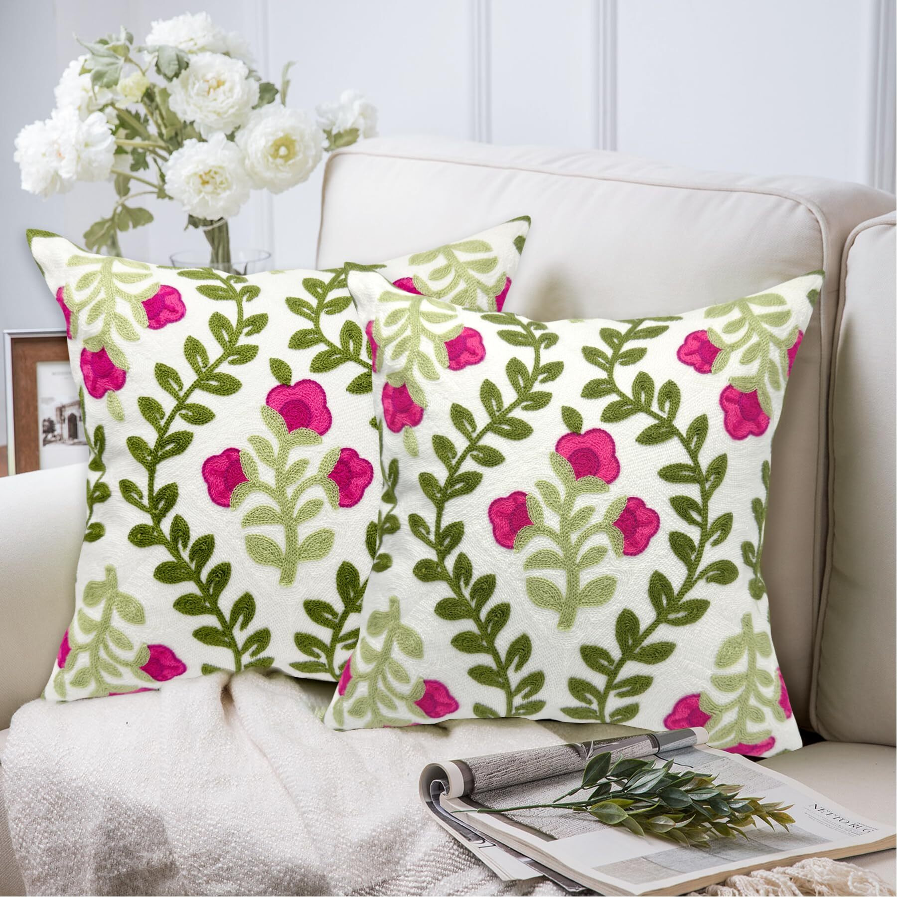 Alysheer Floral Embroidered Summer Decorative Throw Pillow Covers 18"&quotX 18"" Set Of 2, Farmhouse Cottage Hot Pink Flowers Green Leaves Patterned Cotton Canvas Cushion Case For Sofa Couch Bed Living Room
