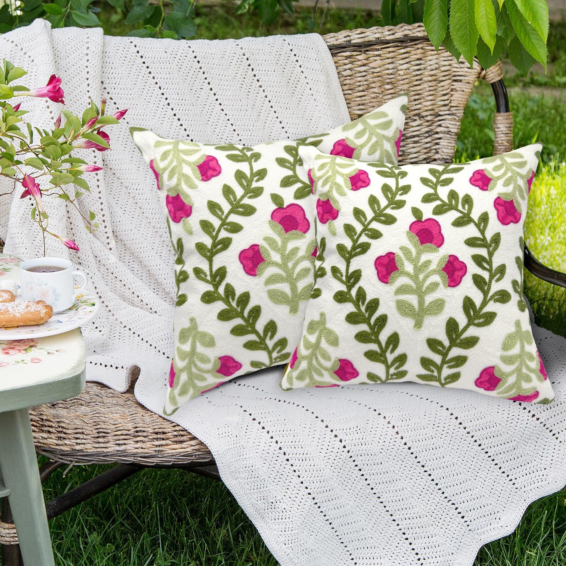 Alysheer Floral Embroidered Summer Decorative Throw Pillow Covers 18"&quotX 18"" Set Of 2, Farmhouse Cottage Hot Pink Flowers Green Leaves Patterned Cotton Canvas Cushion Case For Sofa Couch Bed Living Room