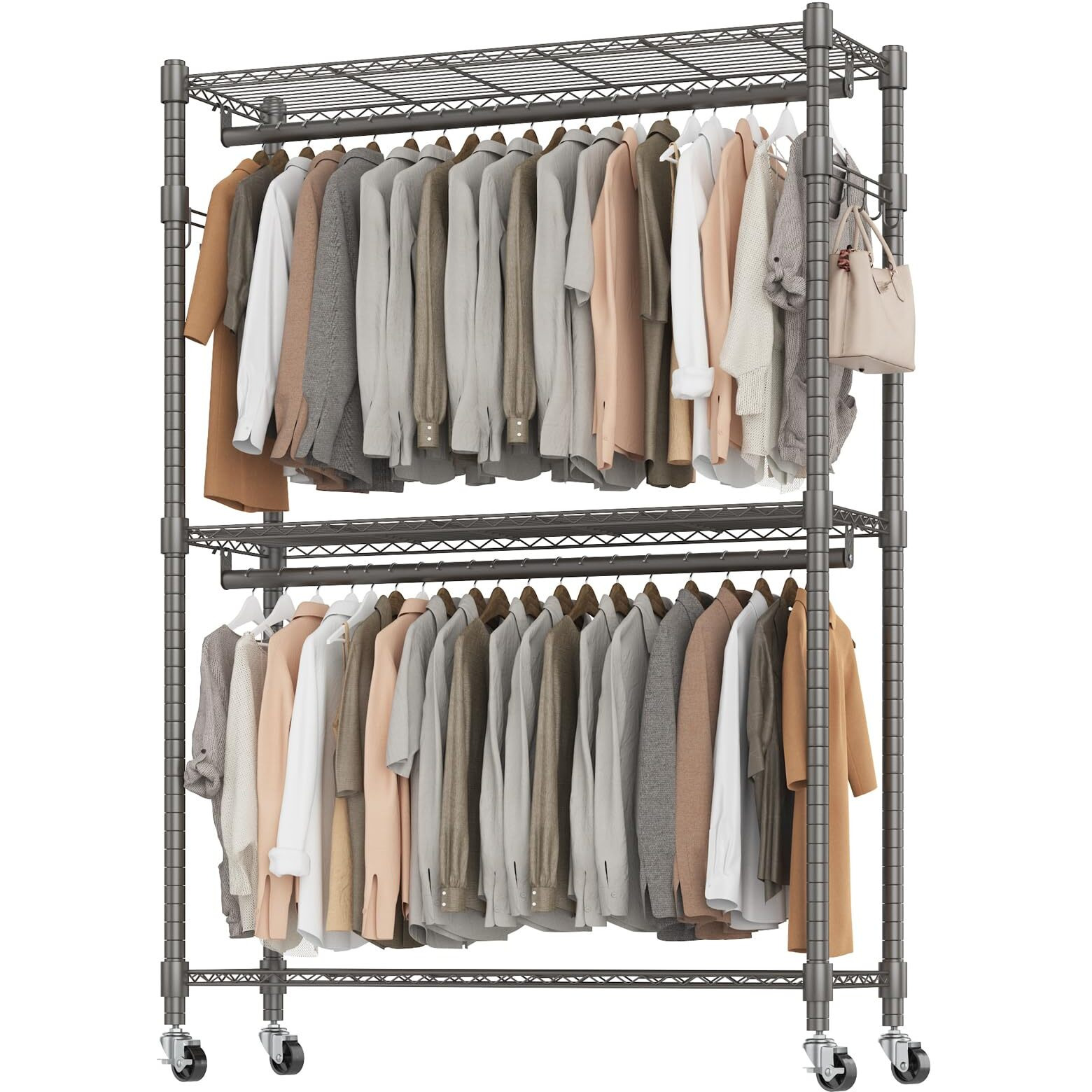 Bathwa Heavy Duty Garment Rack On Wheels, Rolling Clothes Racks For Hanging Clothes, Simple Sturdy Wardrobe Rack With Double Hanging Rods, 8 Side Hangers, Gray