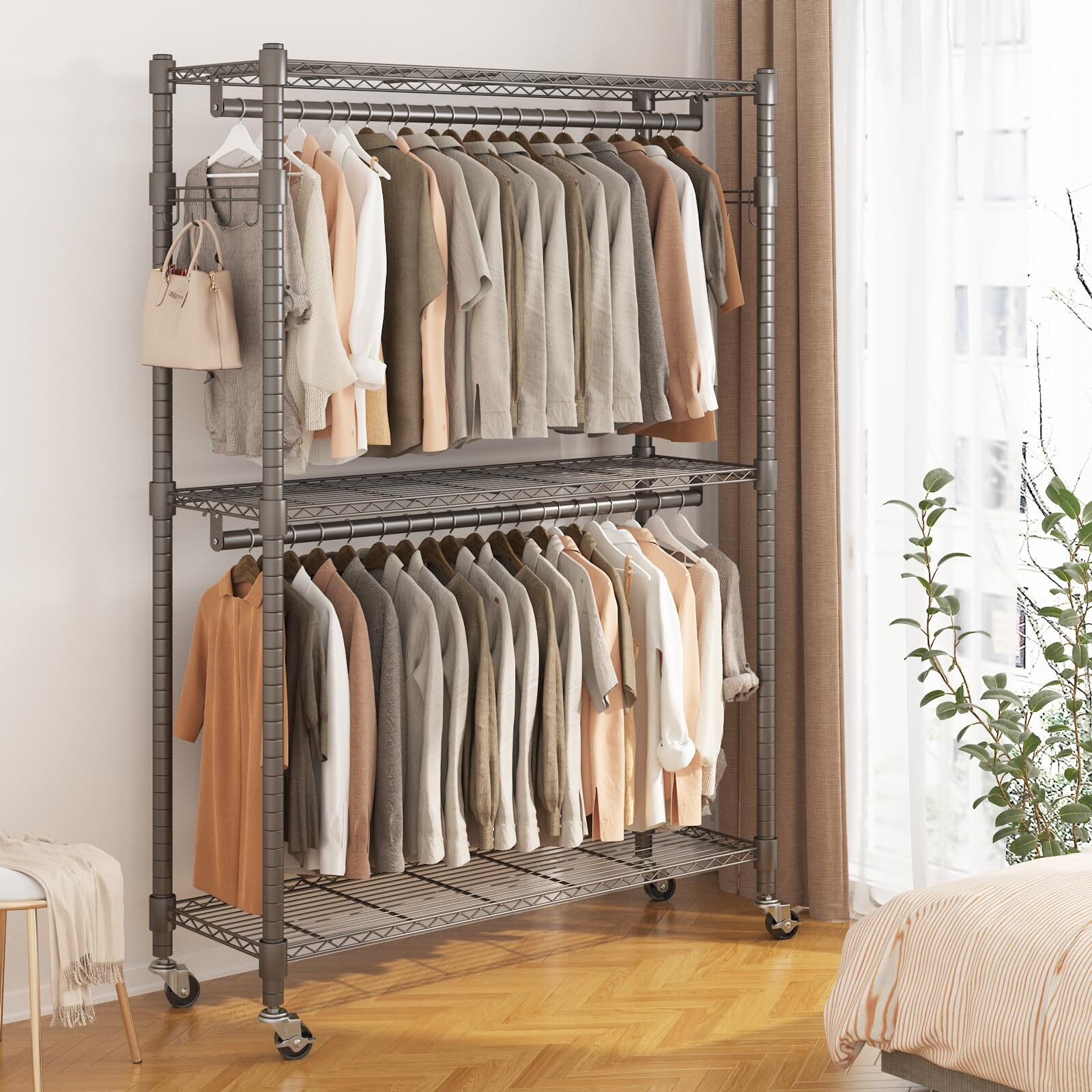 Bathwa Heavy Duty Garment Rack On Wheels, Rolling Clothes Racks For Hanging Clothes, Simple Sturdy Wardrobe Rack With Double Hanging Rods, 8 Side Hangers, Gray