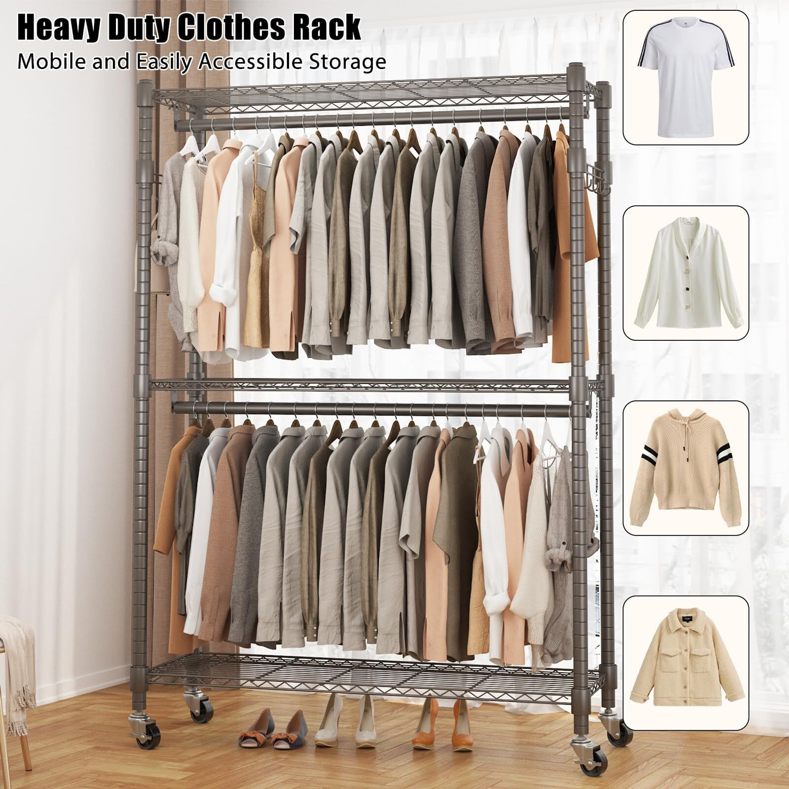 Bathwa Heavy Duty Garment Rack On Wheels, Rolling Clothes Racks For Hanging Clothes, Simple Sturdy Wardrobe Rack With Double Hanging Rods, 8 Side Hangers, Gray
