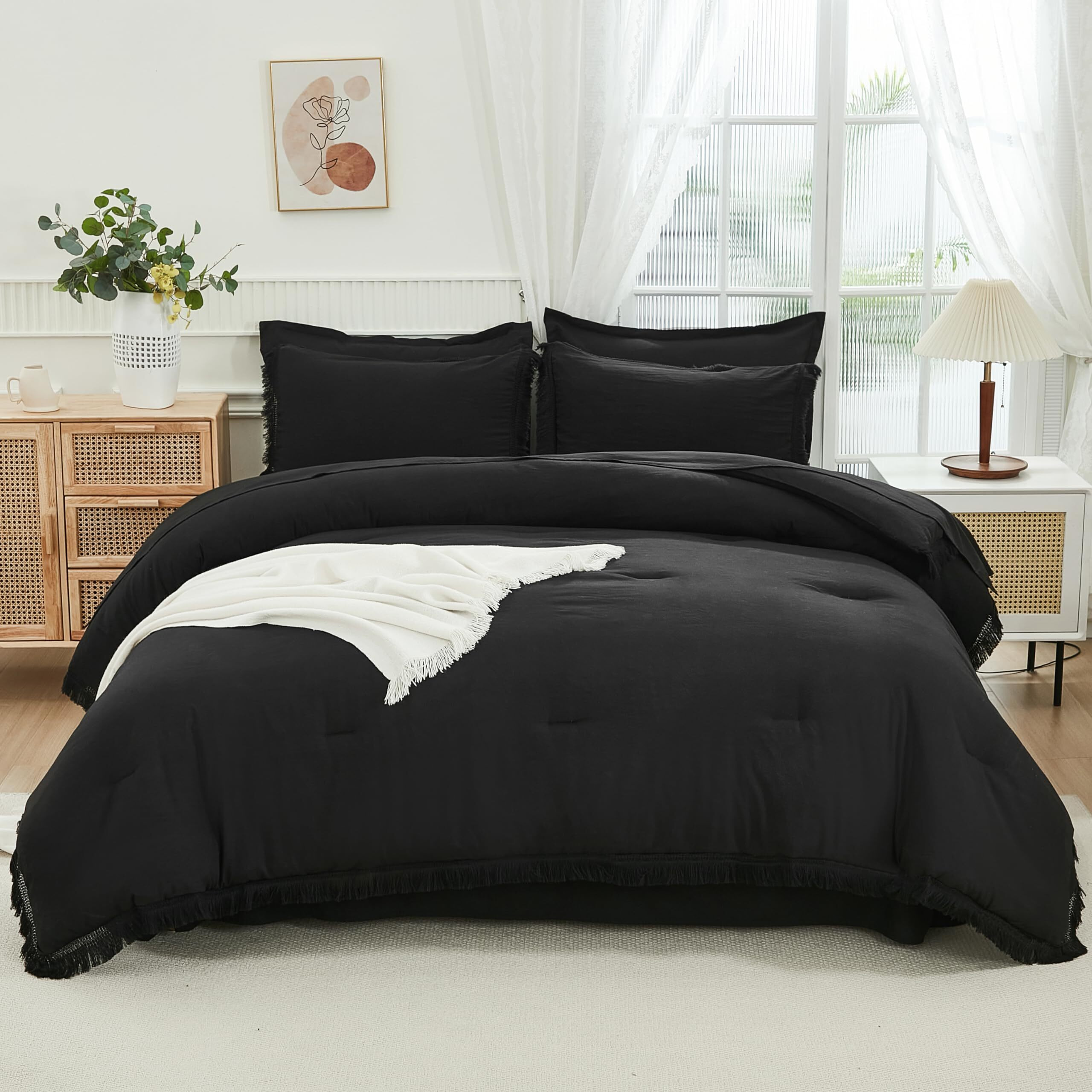 Andency California King Size Black Comforter Sets With Sheets - 7 Pieces Boho Tassel Bed In A Bag Soft Lightweight Bedding Sets, Black Fringe Bed Set With Comforter, Sheets, Pillowcases & Shams