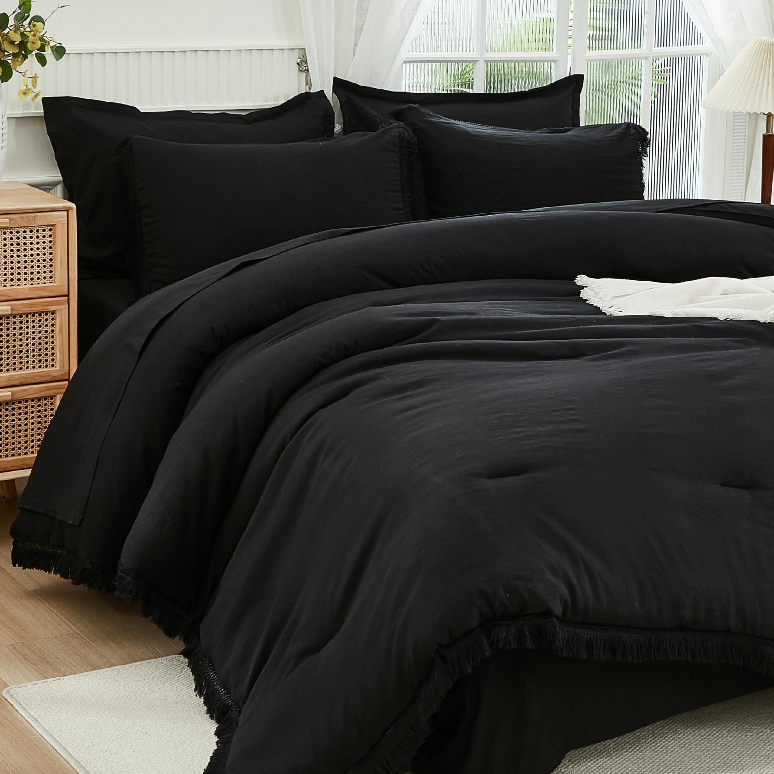 Andency California King Size Black Comforter Sets With Sheets - 7 Pieces Boho Tassel Bed In A Bag Soft Lightweight Bedding Sets, Black Fringe Bed Set With Comforter, Sheets, Pillowcases & Shams