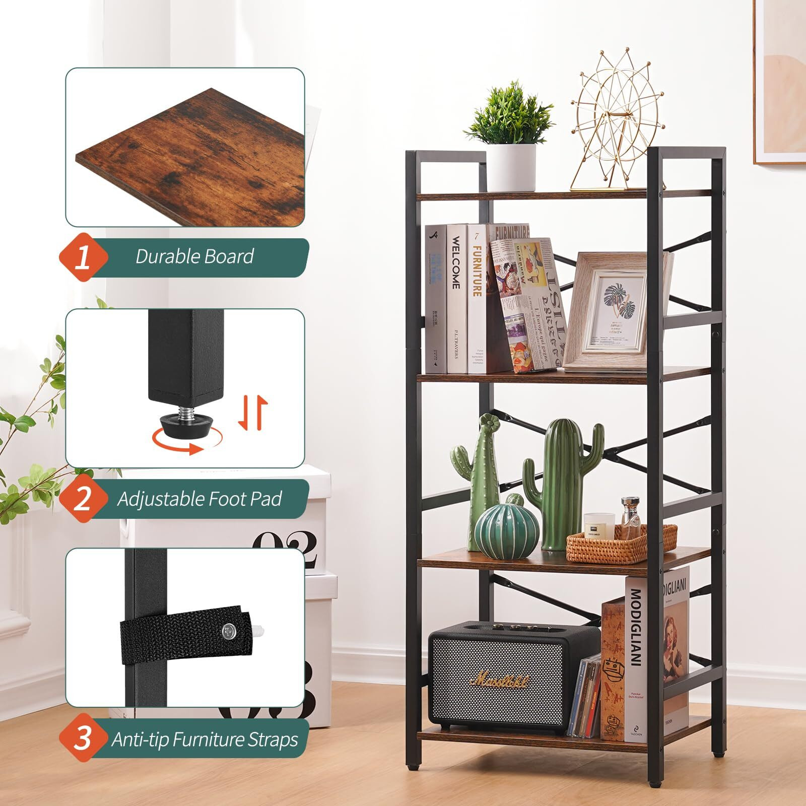 Yoobure 4 Tier Bookshelf - Small Book Shelf Industrial Bookcase, Narrow Book Case Book Storage Organizer For Cd/Movie/Book, Bookshelves For Bedroom Office Living Room Berry Brown