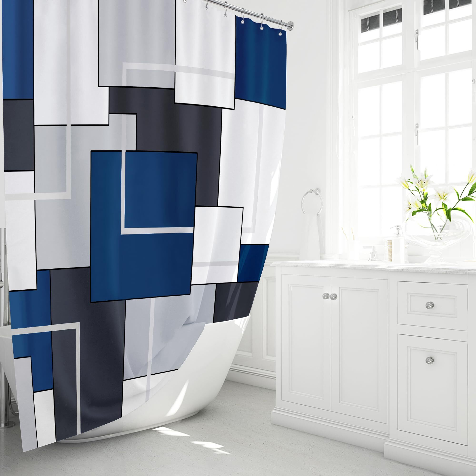 Bttn Navy Blue Fabric Shower Curtain - Geometric Water Repellent Shower Curtain Set, Machine Washable, Modern Decorative Polyester Cloth Shower Curtains For Bathroom - 72X72