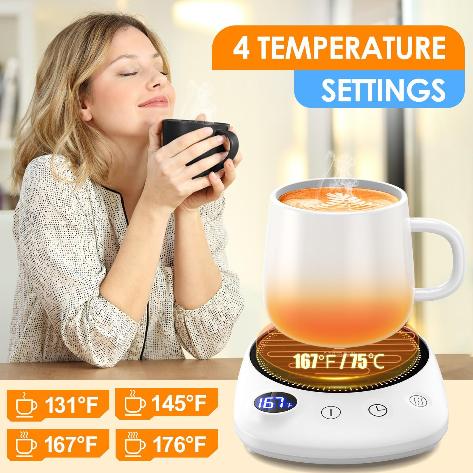 Kitchekshop Coffee Mug Warmer - Fastest Heating & Highest Temperature, Coffee Cup Warmer For Desk Auto Shut Off, 4 Temp Settings & 1-12H Timer, Smart Electric Beverage Warmer For Coffee Candle (White)