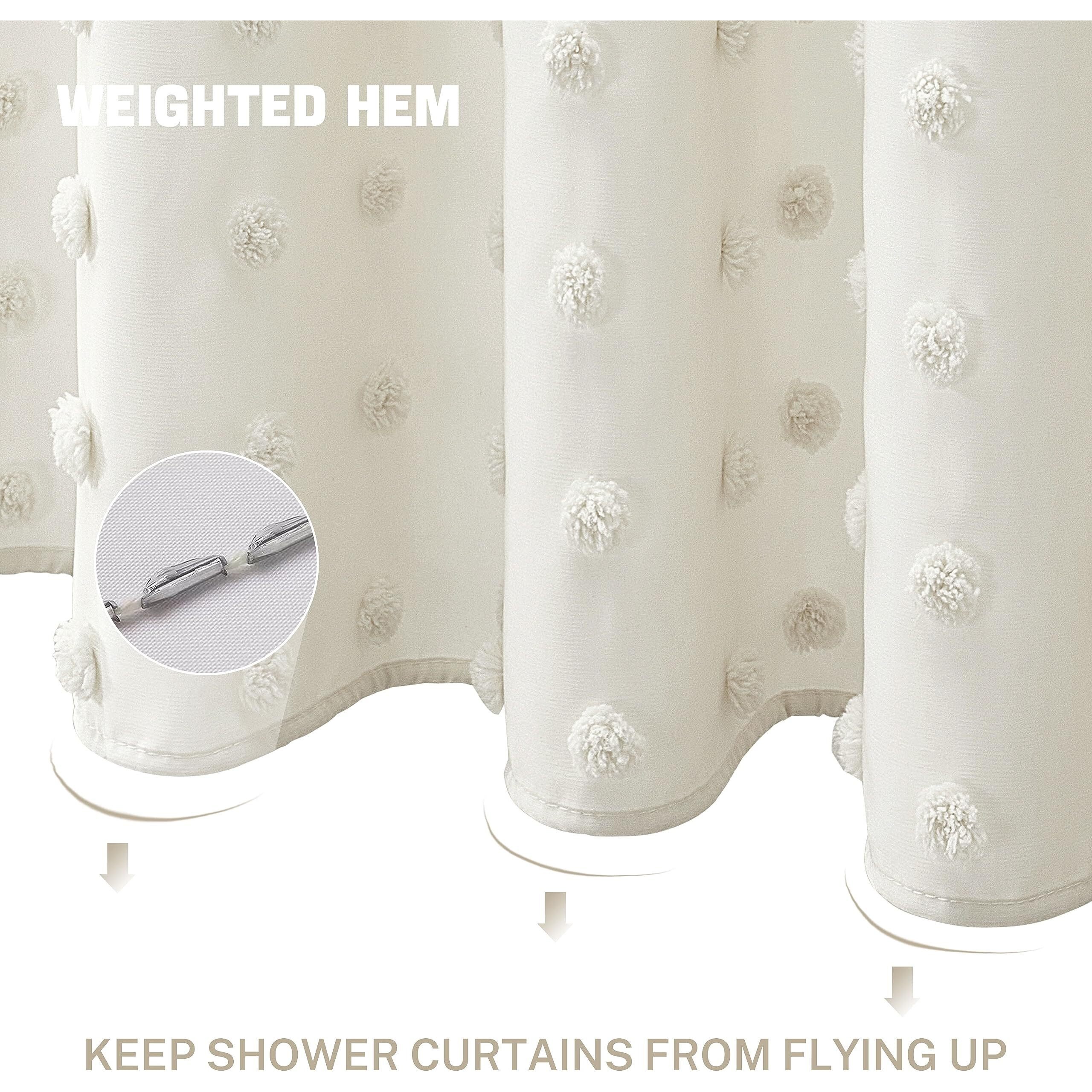 Extra Long Boho Farmhouse Cream Shower Curtain Woven Fabric Ivory Shower Curtain, 72 X 78 Tufted Pleat Floral Puffs Textured Modern Farmhouse Minimalist Shower Curtain Set With Hooks For Bathroom