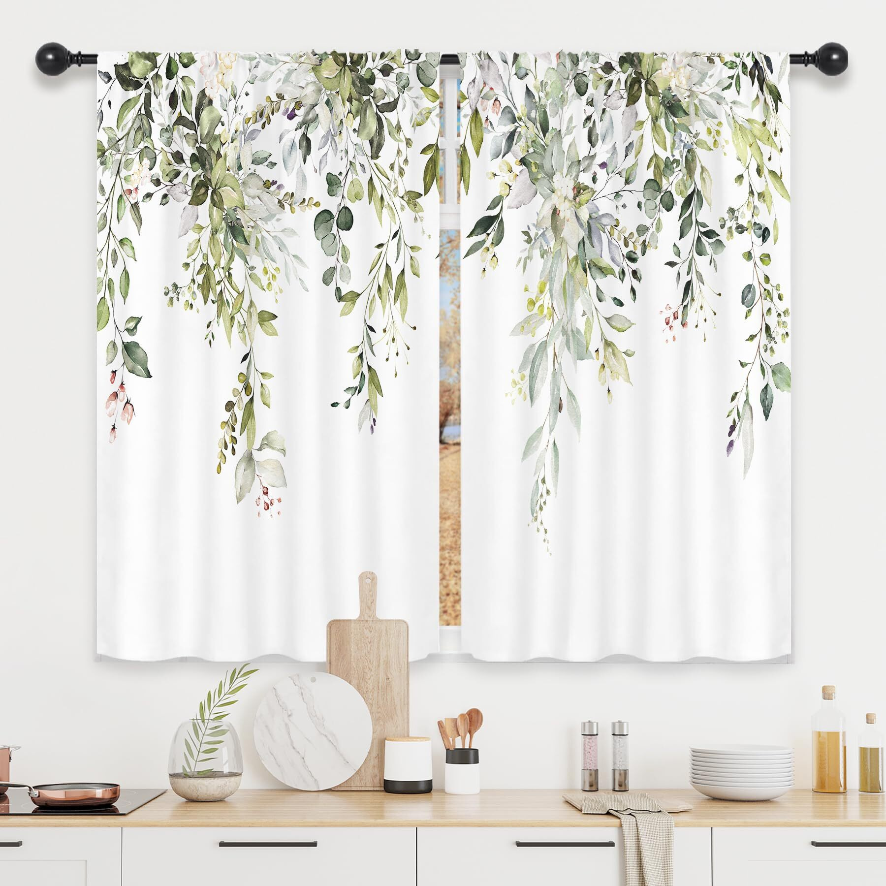 Riyidecor Sage Green Eucalyptus Leaves Kitchen Curtains Plants Flower Spring Floral Botanical Pattern Cafe Curtains For Bathroom Bedroom Living Room Rod Pocket Treatment Fabric 2 Panels 27.5Wx39H Inch