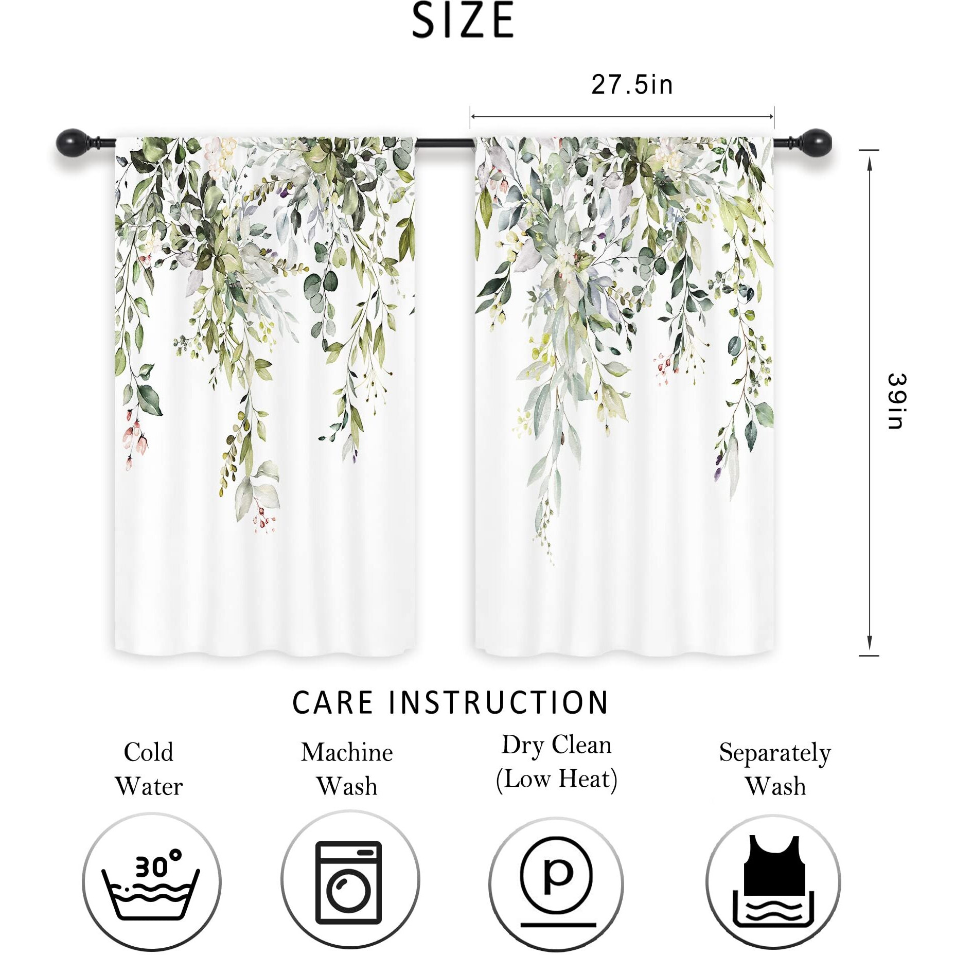 Riyidecor Sage Green Eucalyptus Leaves Kitchen Curtains Plants Flower Spring Floral Botanical Pattern Cafe Curtains For Bathroom Bedroom Living Room Rod Pocket Treatment Fabric 2 Panels 27.5Wx39H Inch