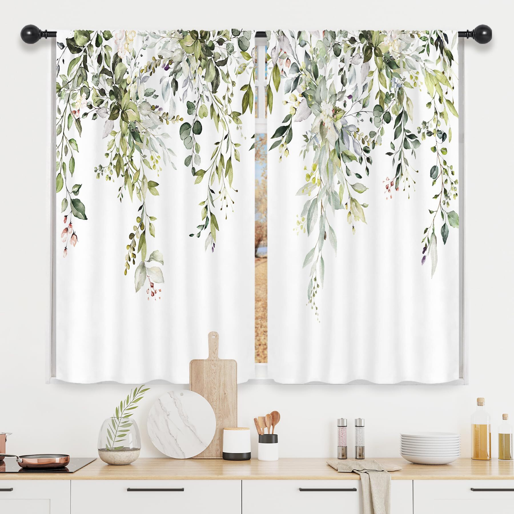 Riyidecor Sage Green Eucalyptus Leaves Kitchen Curtains Plants Flower Spring Floral Botanical Pattern Cafe Curtains For Bathroom Bedroom Living Room Rod Pocket Treatment Fabric 2 Panels 27.5Wx39H Inch