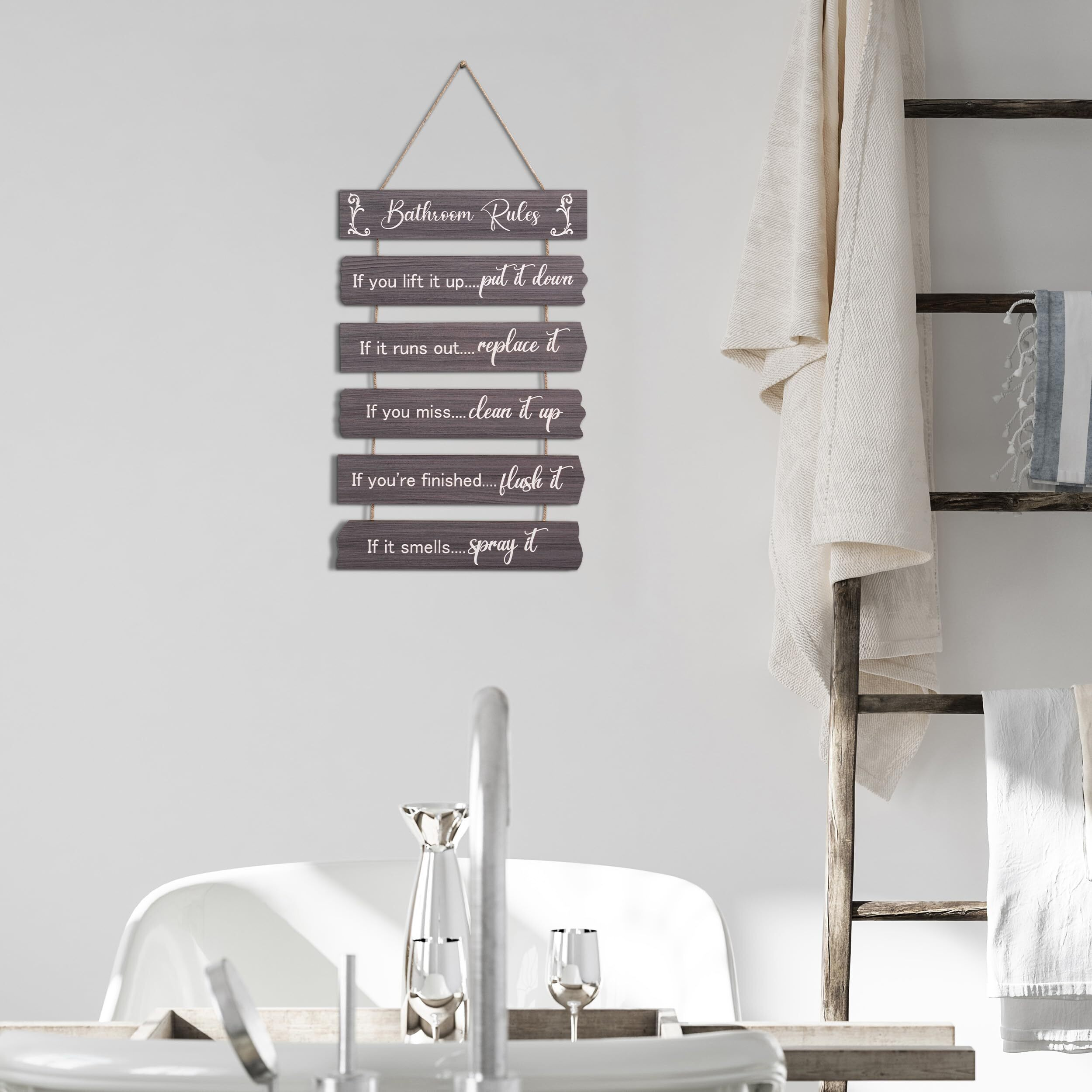 Ubtkey Bathroom Rules Grey Bathroom Wall Decor, Wooden Bathroom Decor Wall Art Funny Bathroom Signs Pictures Decor Hanging For Farmhouse Toilet Guest Grey Bathroom Accessories, 11.8 X 17.5 Inch