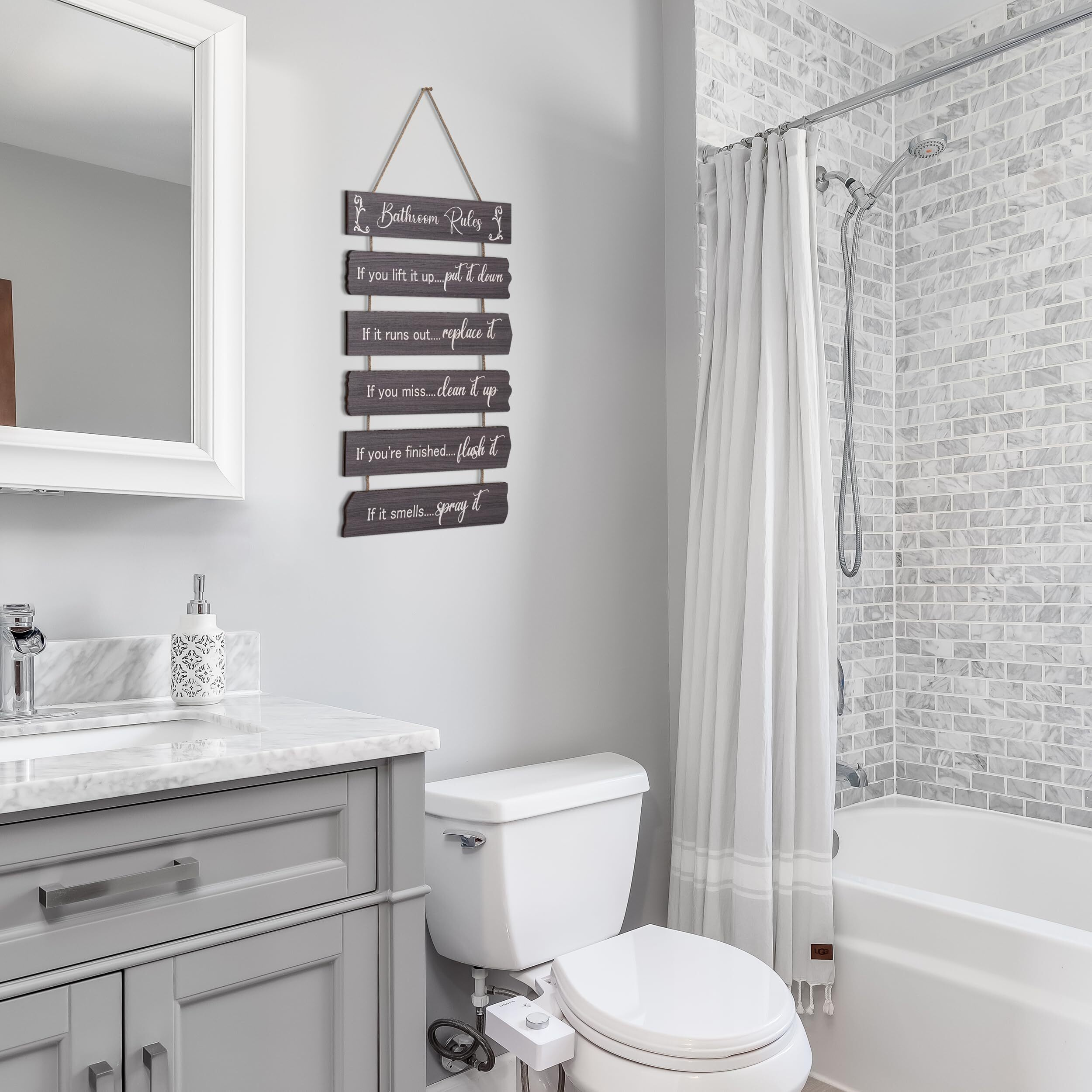 Ubtkey Bathroom Rules Grey Bathroom Wall Decor, Wooden Bathroom Decor Wall Art Funny Bathroom Signs Pictures Decor Hanging For Farmhouse Toilet Guest Grey Bathroom Accessories, 11.8 X 17.5 Inch