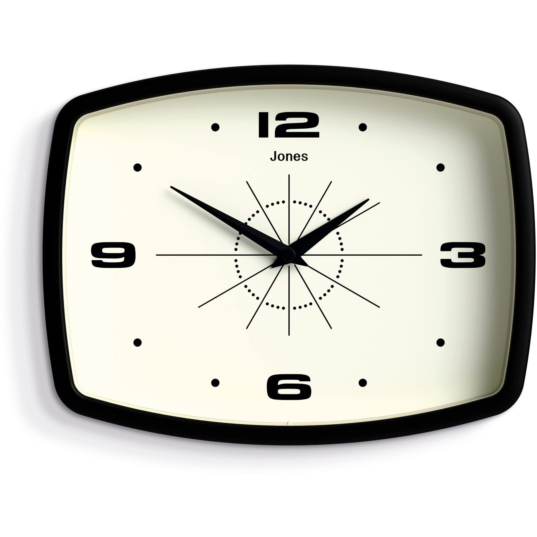 Jones Clocks Movie Retro Wall Clock - Square Clock - Rectangular Clock - Kitchen Clock - Office Clock - Retro Clock - Designer Clock - Colourful Case - Arabic Numerals (Black)