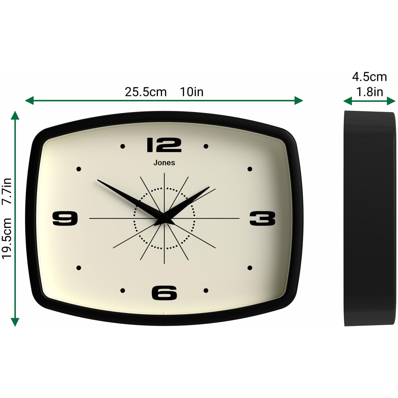 Jones Clocks Movie Retro Wall Clock - Square Clock - Rectangular Clock - Kitchen Clock - Office Clock - Retro Clock - Designer Clock - Colourful Case - Arabic Numerals (Black)