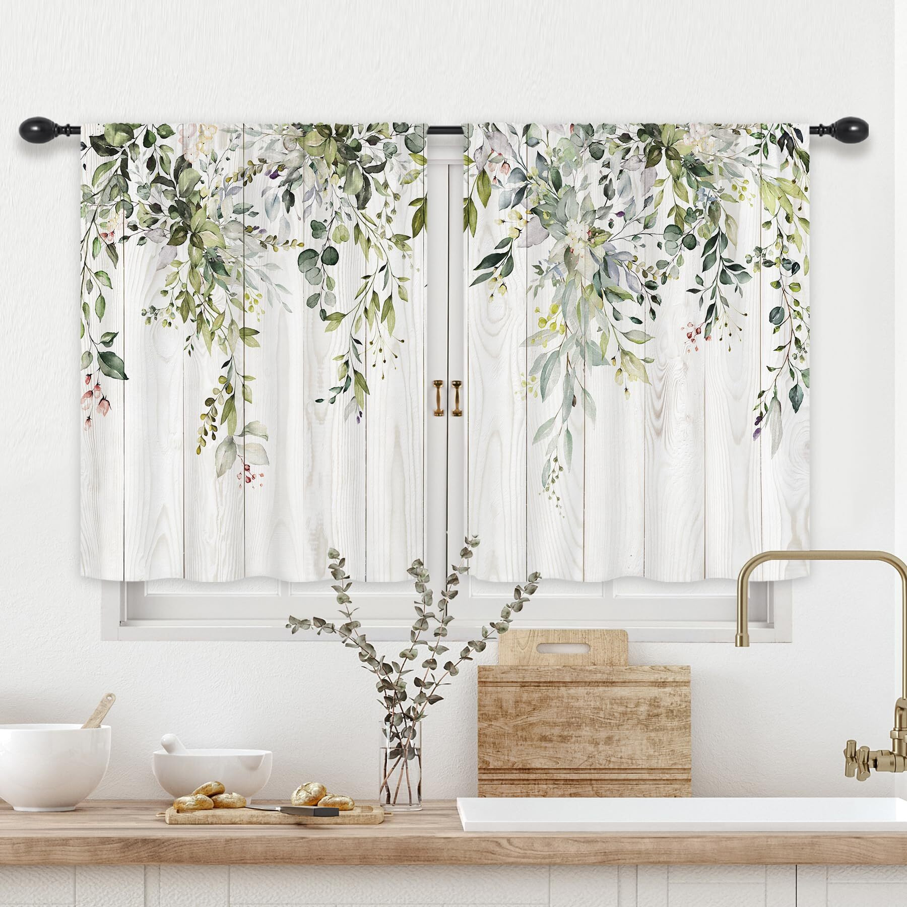 Riyidecor Short Curtains 24 Inch Length For Small Windows 2 Panel Sage Green Eucalyptus Leaves Plants Botanical Kitchen Curtains Rod Pocket Bedroom Living Room Treatment Fabric 2 Panels 26Wx24H Inch