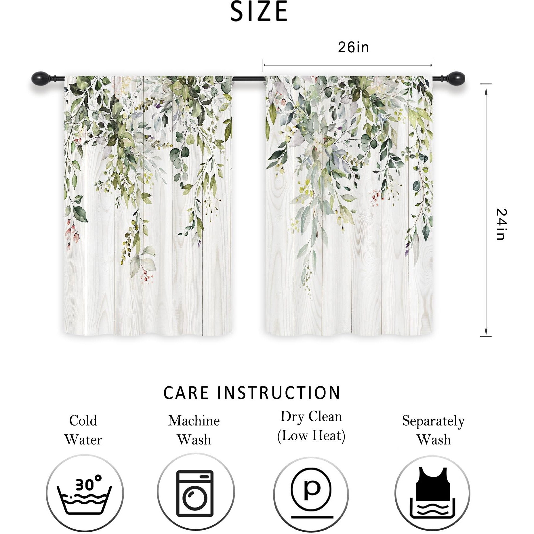 Riyidecor Short Curtains 24 Inch Length For Small Windows 2 Panel Sage Green Eucalyptus Leaves Plants Botanical Kitchen Curtains Rod Pocket Bedroom Living Room Treatment Fabric 2 Panels 26Wx24H Inch