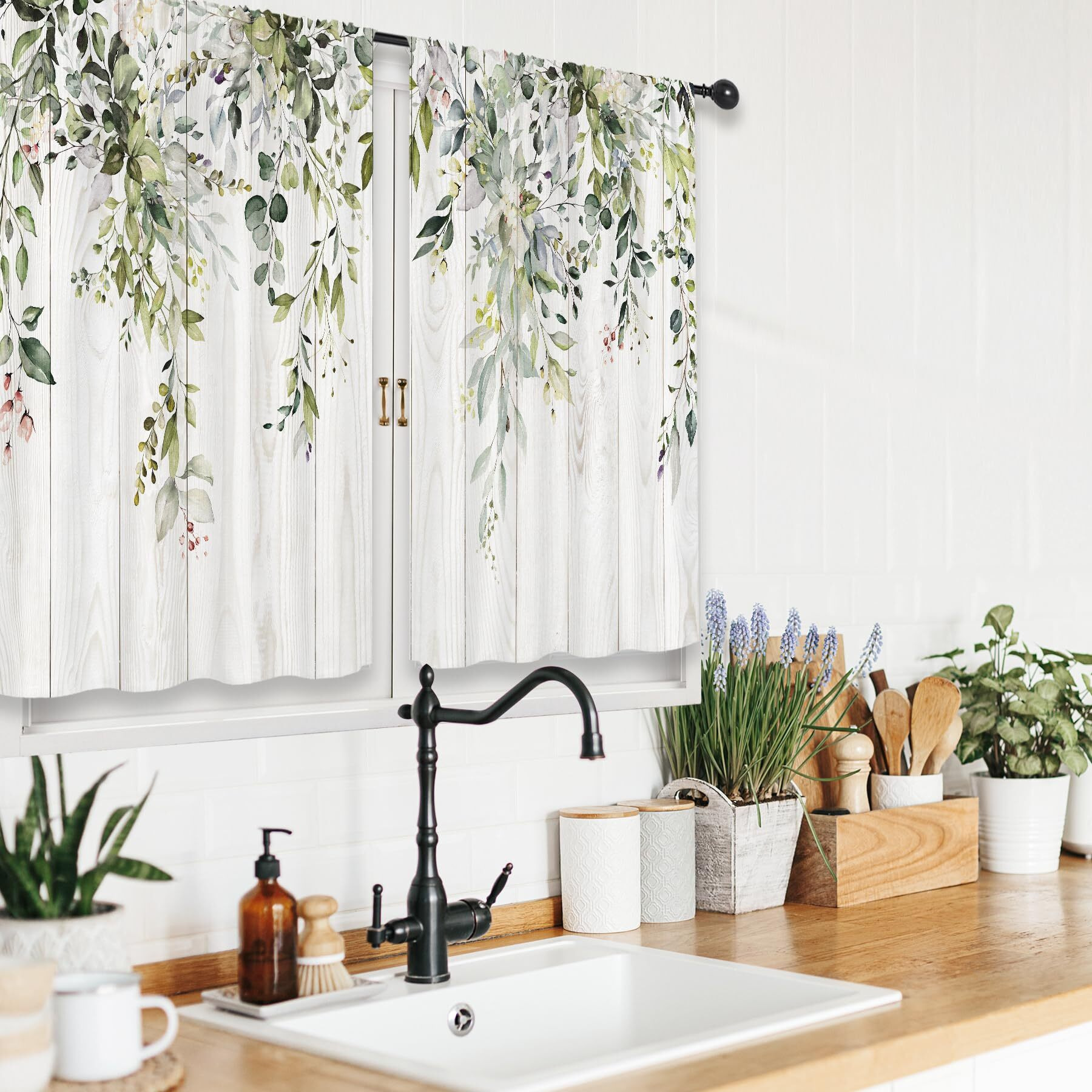 Riyidecor Short Curtains 24 Inch Length For Small Windows 2 Panel Sage Green Eucalyptus Leaves Plants Botanical Kitchen Curtains Rod Pocket Bedroom Living Room Treatment Fabric 2 Panels 26Wx24H Inch