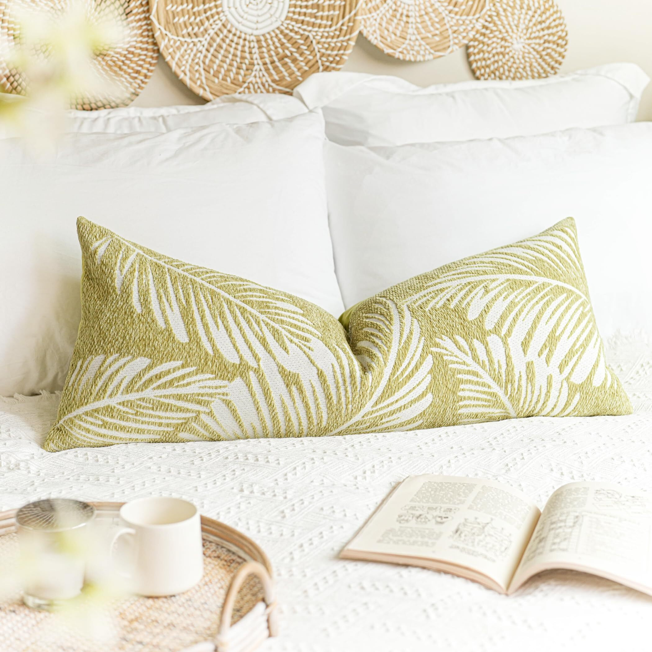 Blissblush Green Boho Lumbar Throw Pillow Cover 14X36, Decorative Long Accent Body Lumbar Pillow For Bed, Farmhouse Woven Textured Lumbar Pillowcase For Couch (Cover Only)