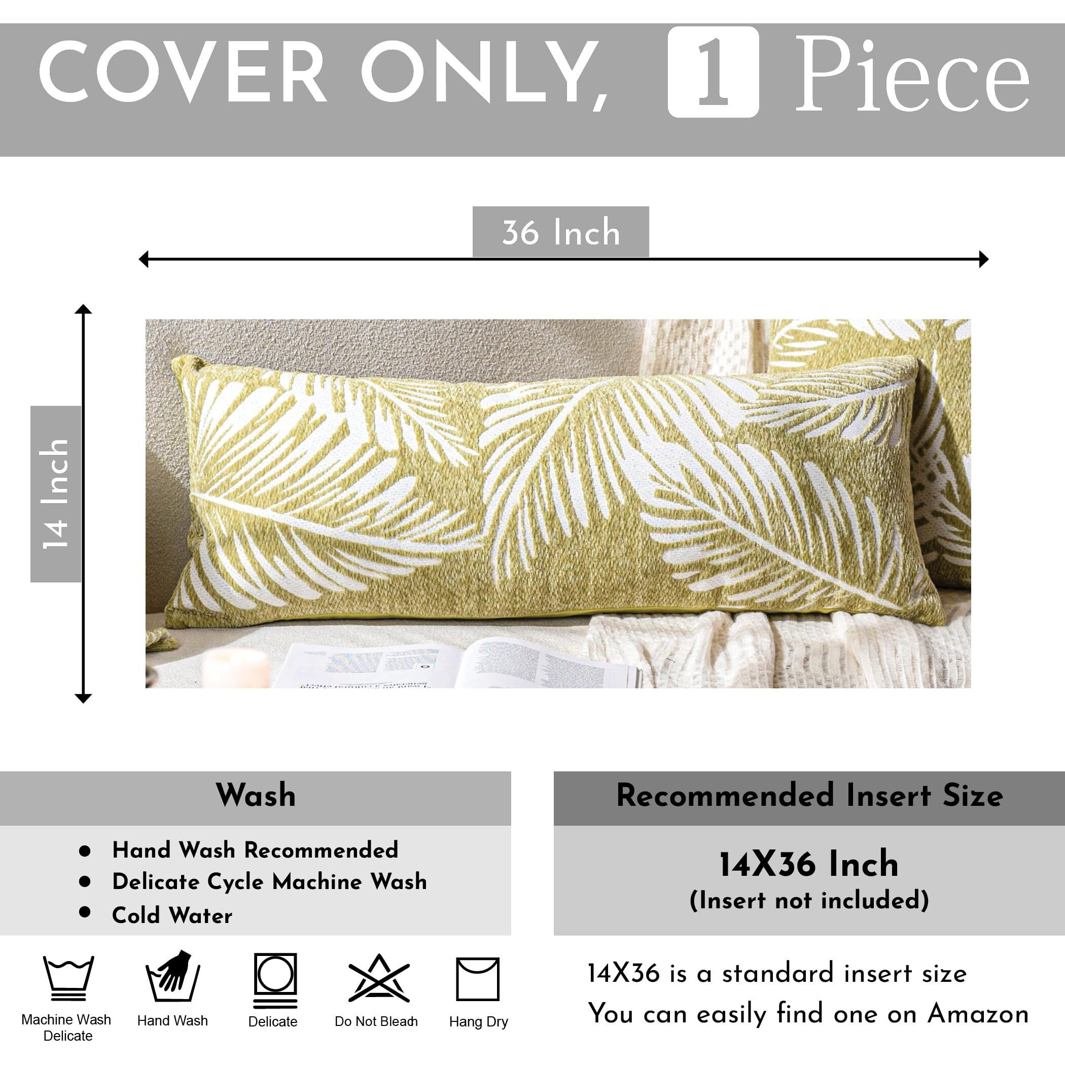 Blissblush Green Boho Lumbar Throw Pillow Cover 14X36, Decorative Long Accent Body Lumbar Pillow For Bed, Farmhouse Woven Textured Lumbar Pillowcase For Couch (Cover Only)