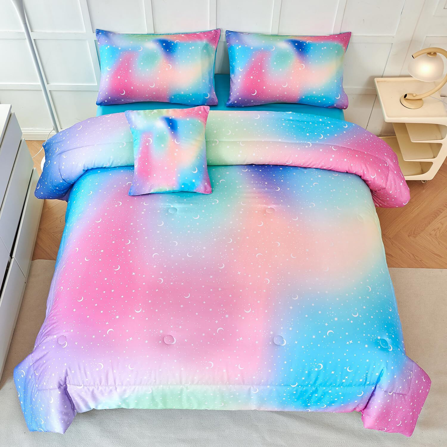 Urbonur Kids Bedding Set Twin Size 6 Pieces Comforter & Sheet Set Colorful Rainbow Tie Dye Stars Printed Girls Bedding Set Ultra Soft Bed Sets