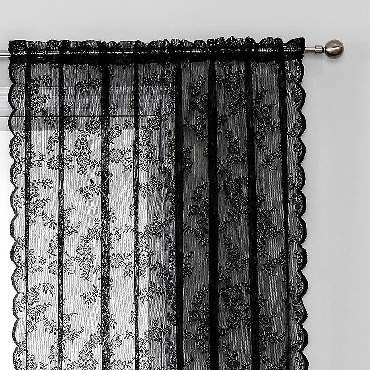 Sheer Lace Curtain Panels 108"" Classic Black Embroidered Semi Sheer Window Curtain Set Rose Floral Knitted Light Filtering Sheer Privacy Drapes For Hotel Parlor, Rod Pocket, 55"" Wide 1 Pair