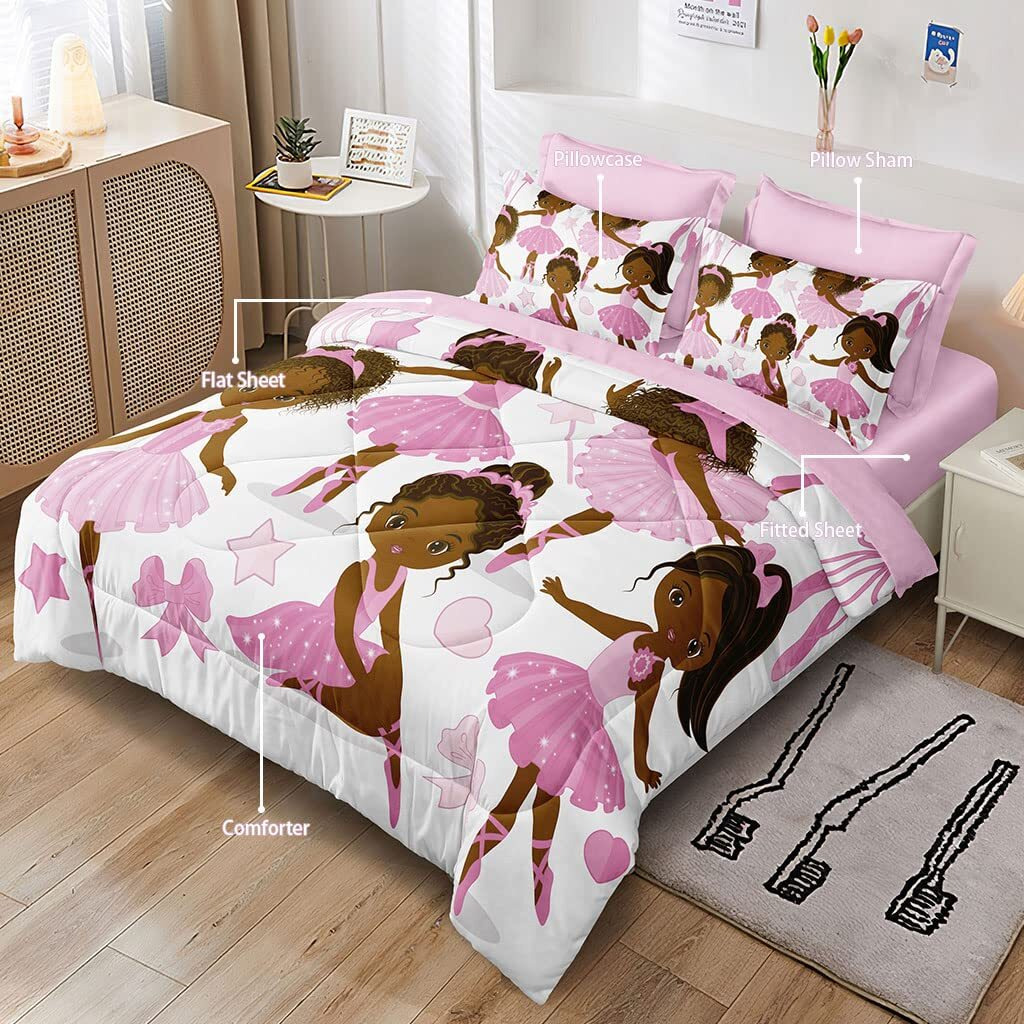 Sirdo Black Girl Magic Comforter Set Twin Size Pink Princess Bedding Sets Ballet Girls Bedroom Set Afro Black Melanin Bed Set With Sheets