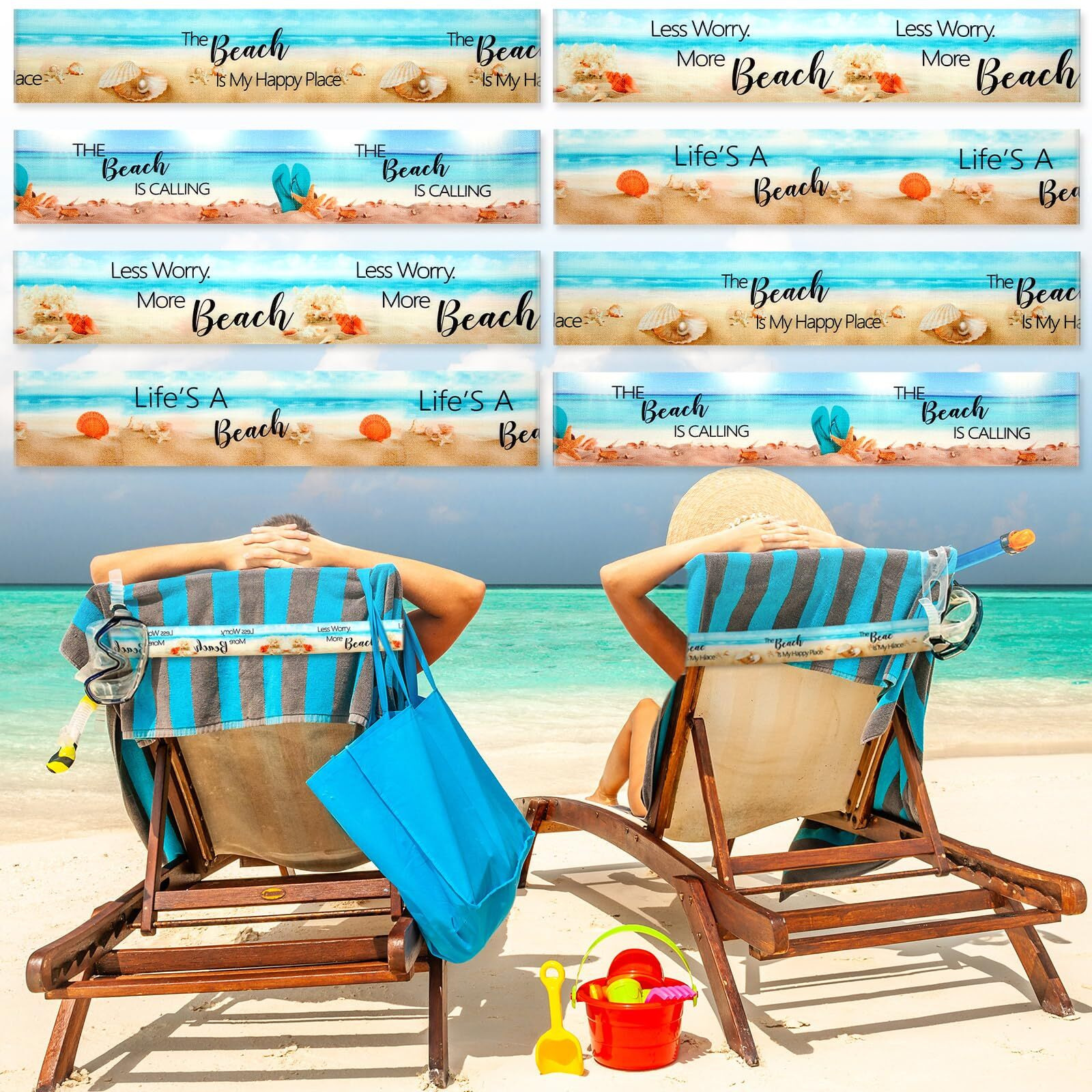 Boao 8 Pack Large Towel Bands For Beach Chairs 15.75 X 1.97 Inch Cruise Towel Clips For Lounge Beach Pool Chairs Towel Strap Holder Elastic Windproof Beach Accessories For Summer(Beach)