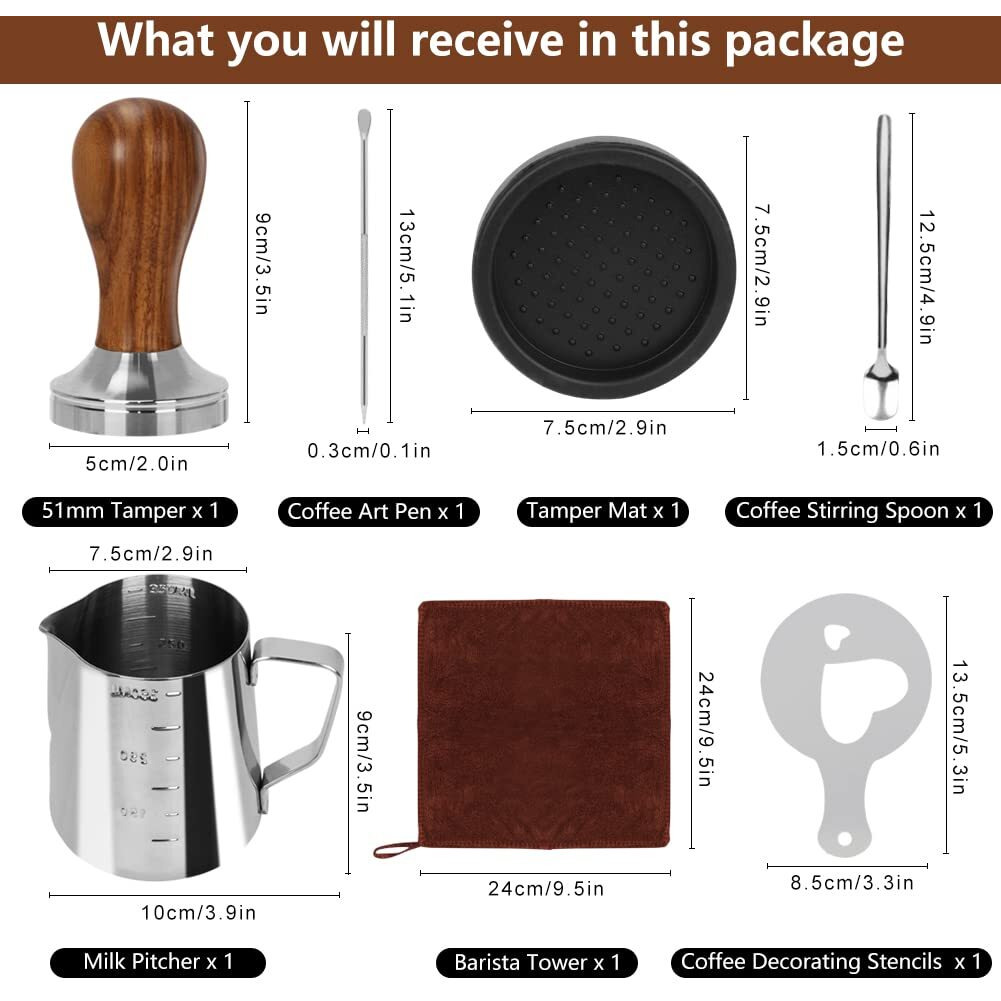 Y-Step 22 Pcs Coffee Tamper Set, Espresso Accessories Kit Barista Kit, With Espresso Tamper 51Mm, Frothing Pitcher, Tamper Mat, Latte Art Pen, Coffee Stirrer, Sandalwood Tamper For Espresso Machine