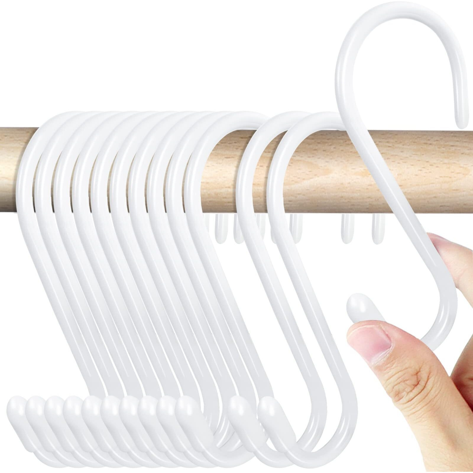 Higift 18 Pack White S Hooks For Hanging, 4-1/2 Inch Large Vinyl Coated Metal Closet Rod Hooks Heavy Duty, Non Slip Rust-Free S Shaped Hooks For Hanging Clothes Plant Jeans Bag Pan Pots Cups Towels