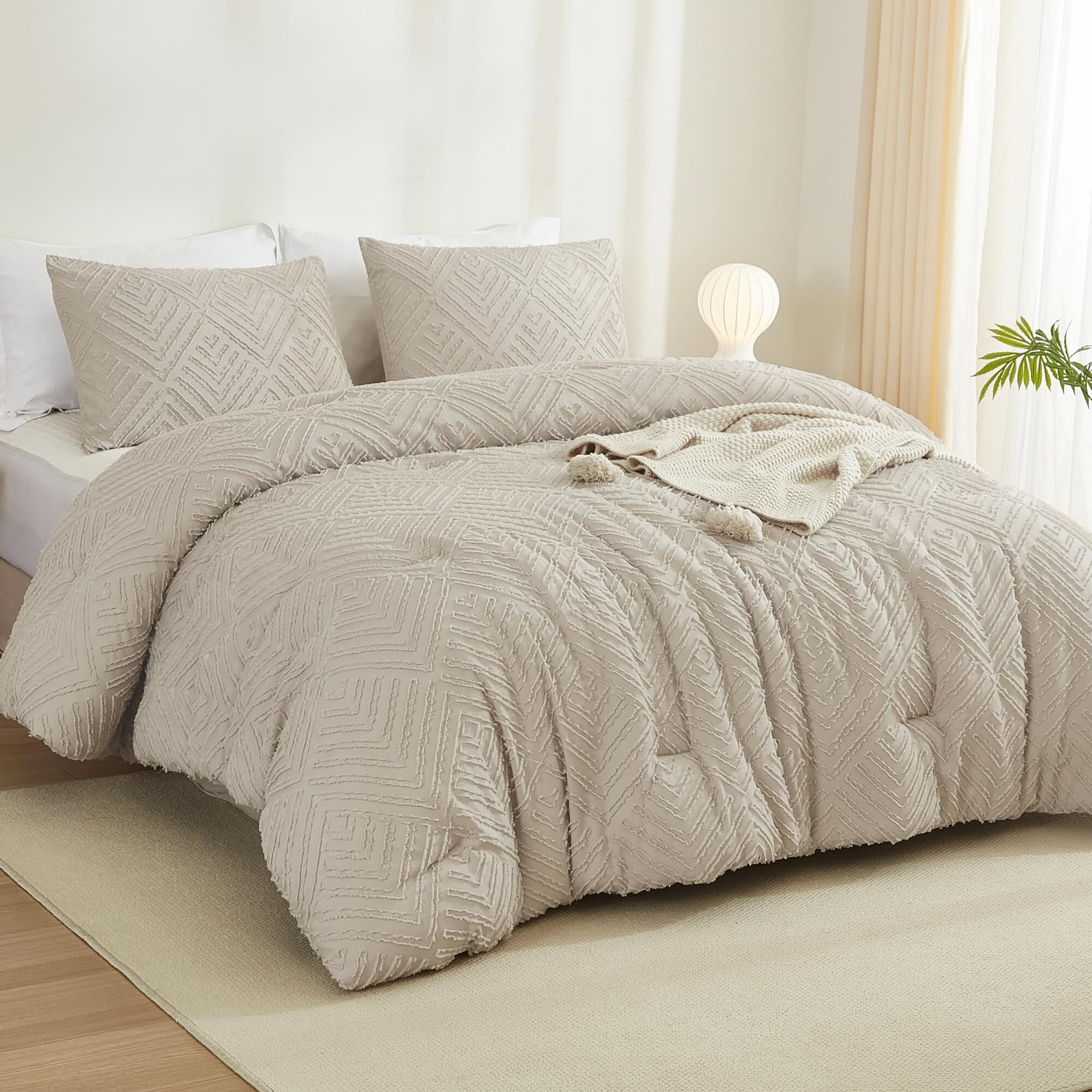 Litanika Oatmeal King Size Comforter Set, 3 Pieces Tufted Boho Farmhouse Bedding Comforter Sets, Lightweight Fluffy Comforter Bed Set For All Season (104X90In Comforter And 2 Pillowcases)