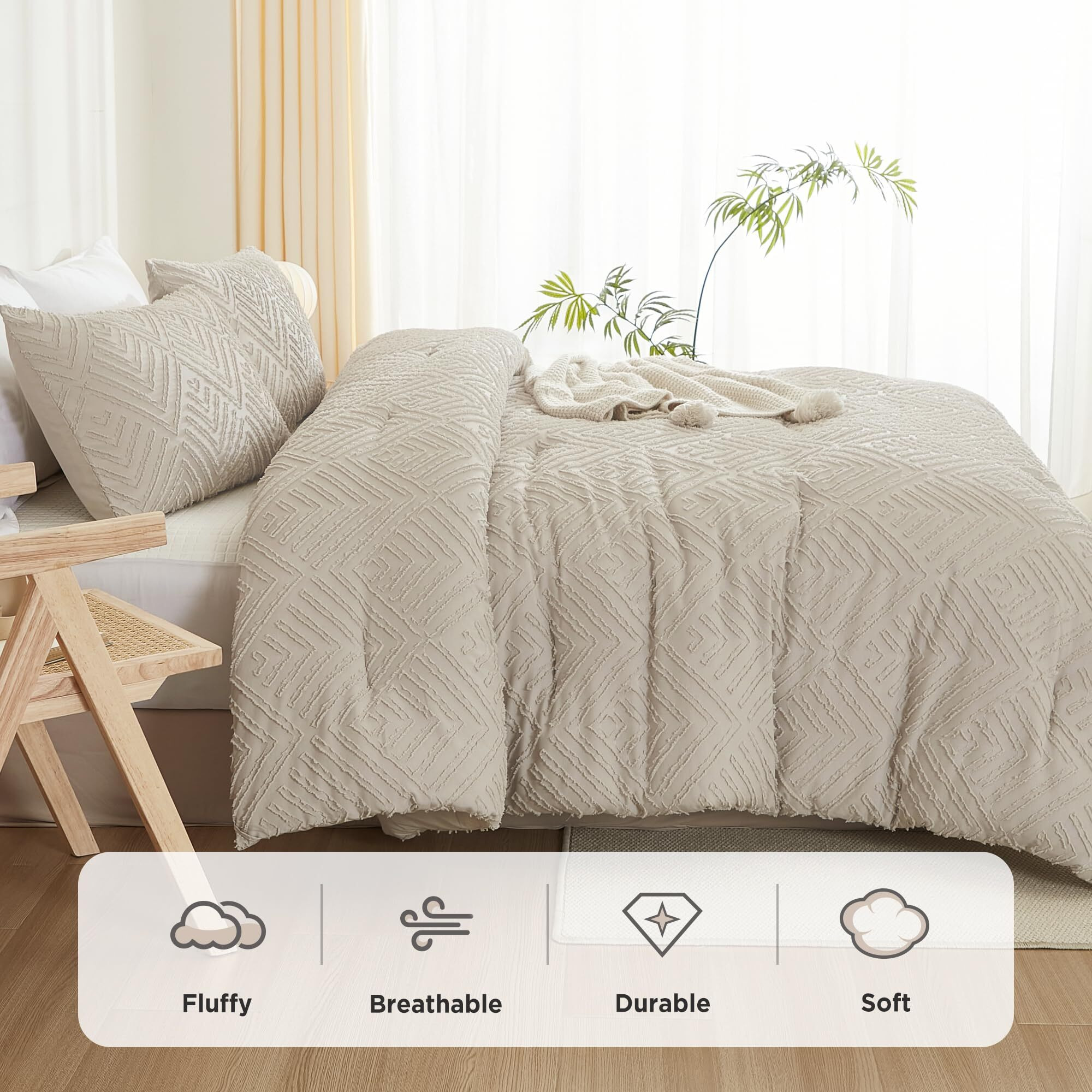 Litanika Oatmeal King Size Comforter Set, 3 Pieces Tufted Boho Farmhouse Bedding Comforter Sets, Lightweight Fluffy Comforter Bed Set For All Season (104X90In Comforter And 2 Pillowcases)