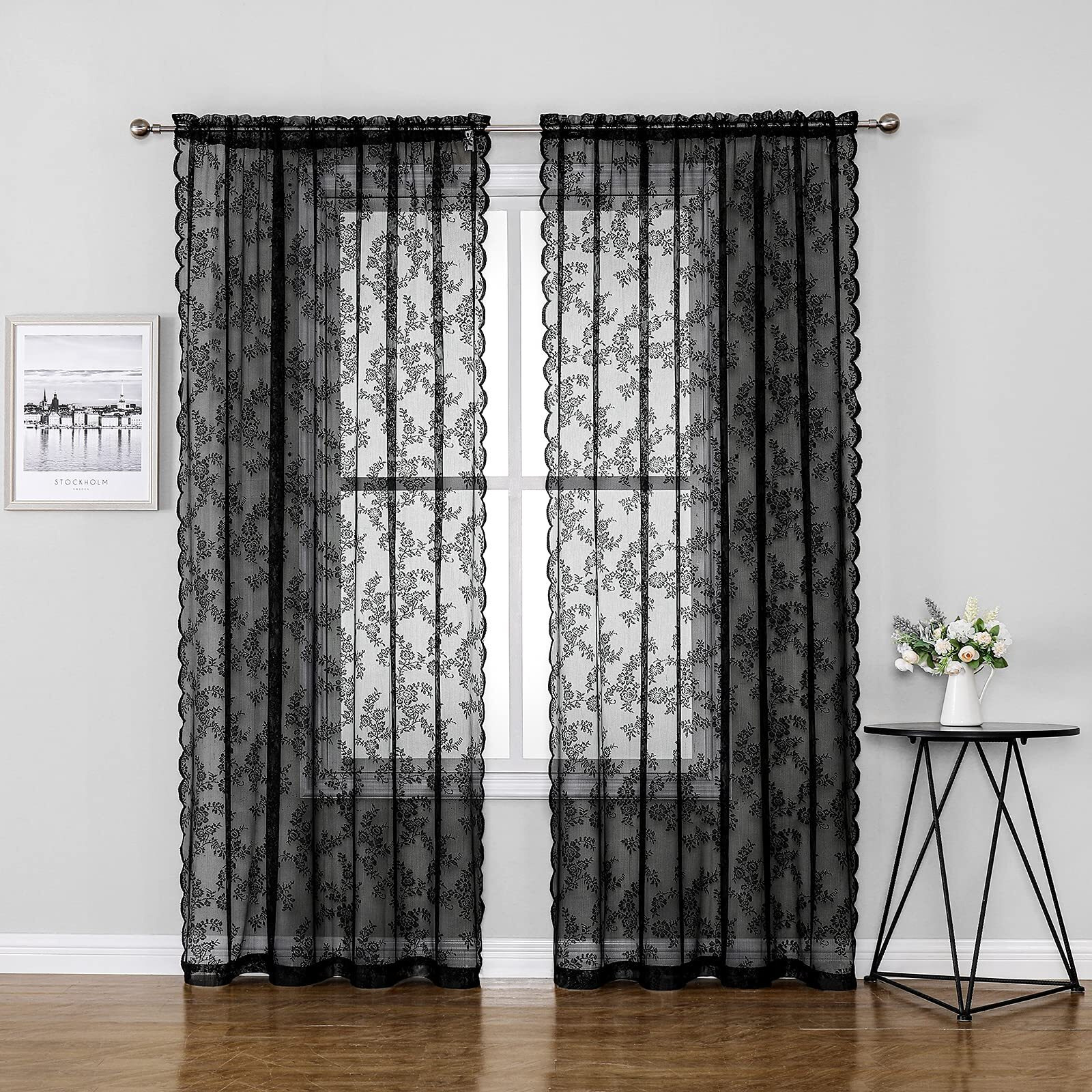 Black Lace Curtains For Bedroom Living Room 55 X 84-Inch Long Vintage Floral Embroidered Sheer Voile Window Sets Durable Rose Lace Fabric Rod Pocket Curtain Drapes For Garden Balcony, 2 Panels
