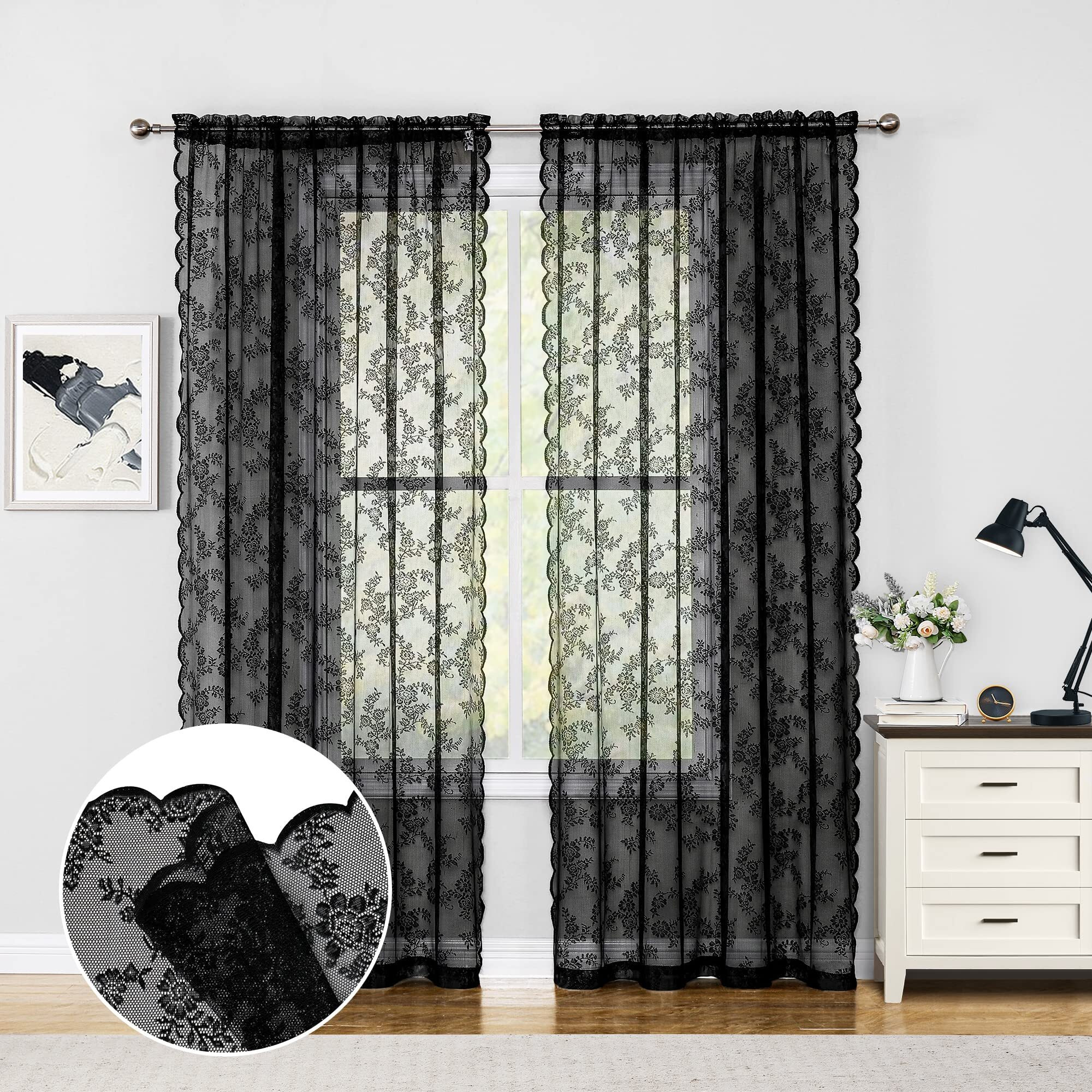 Black Lace Curtains For Bedroom Living Room 55 X 84-Inch Long Vintage Floral Embroidered Sheer Voile Window Sets Durable Rose Lace Fabric Rod Pocket Curtain Drapes For Garden Balcony, 2 Panels